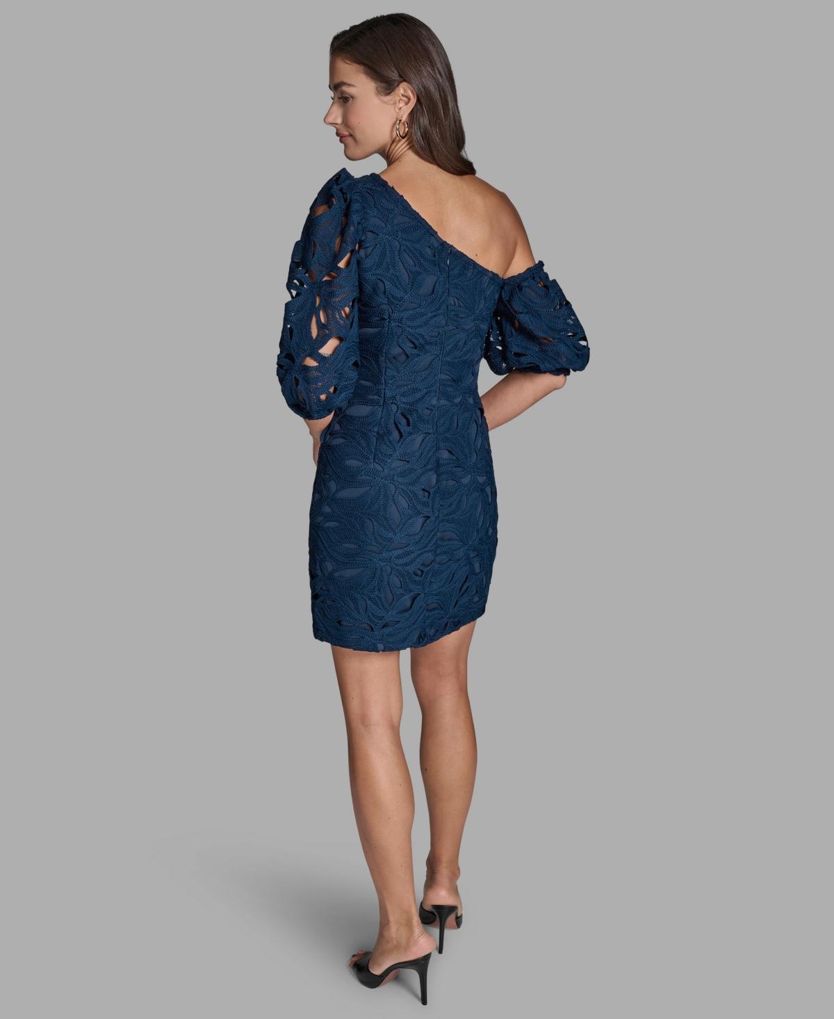 BCBGMAXAZRIA Lace One-shoulder Textured Puff Sleeve Mini Dress in Blue |  Lyst