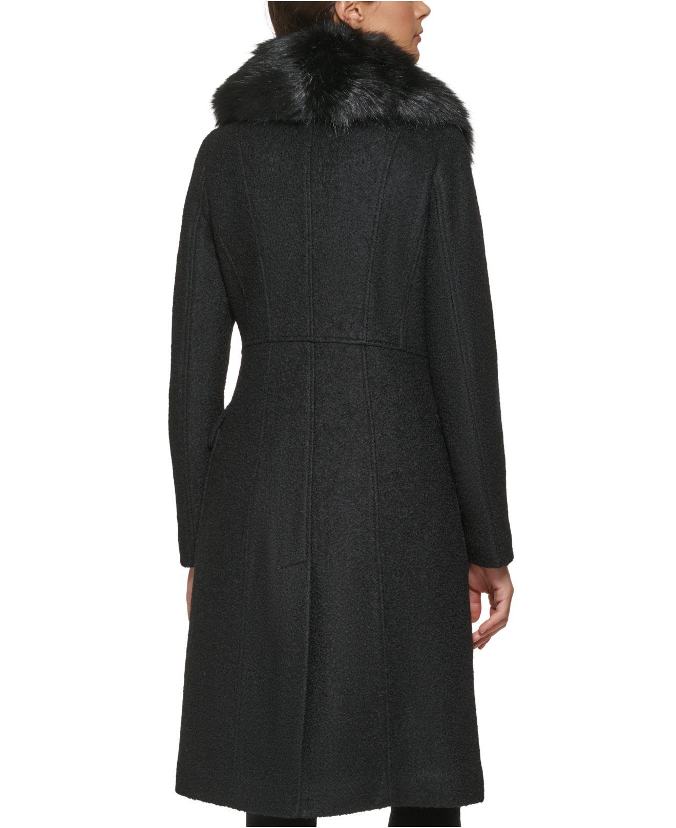 Guess Faux-fur Collar Double-breasted Walker Coat in Black | Lyst