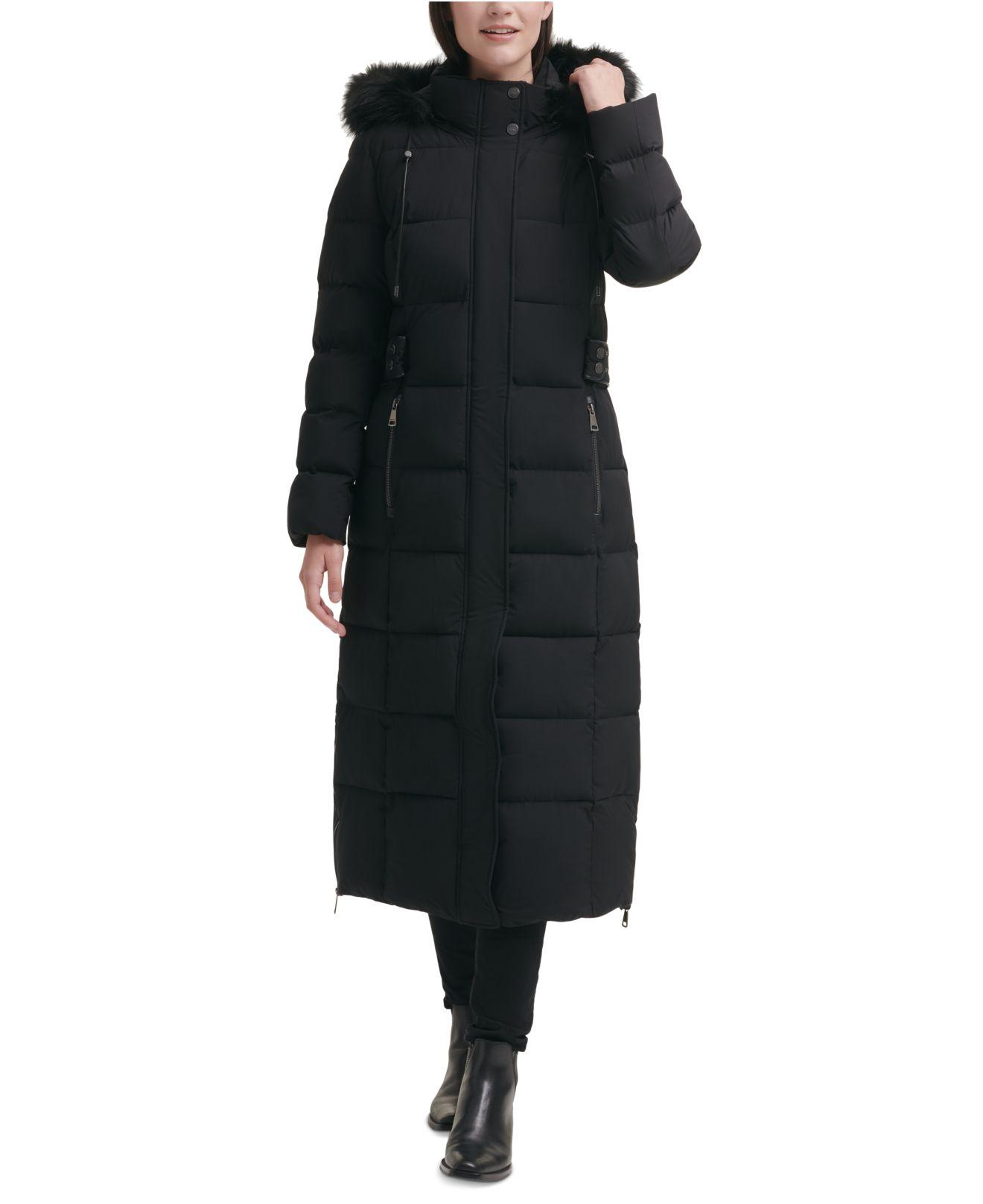 DKNY Petite Faux-fur-trim Hooded Maxi Puffer Coat in Black | Lyst