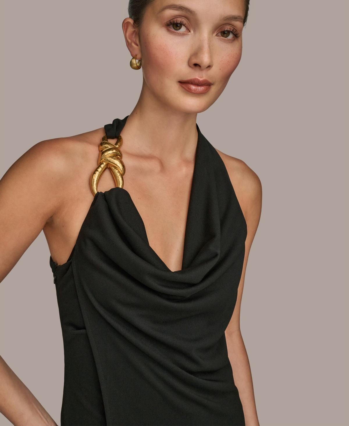 Donna Karan Jersey Asymmetrical Cowl-neck Hardware Midi Dress in Black |  Lyst