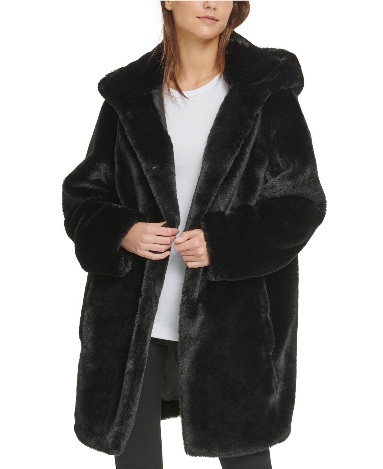 DKNY Hooded Faux-fur Coat in Black | Lyst