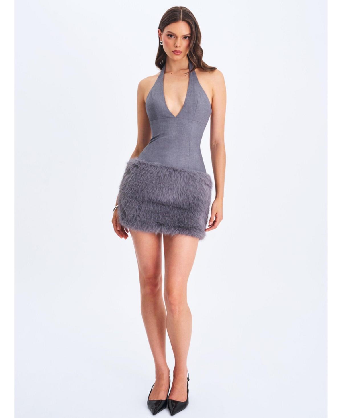 Miss Circle Daisy Drop Waist Fur Trim Halter Mini Dress in Blue | Lyst