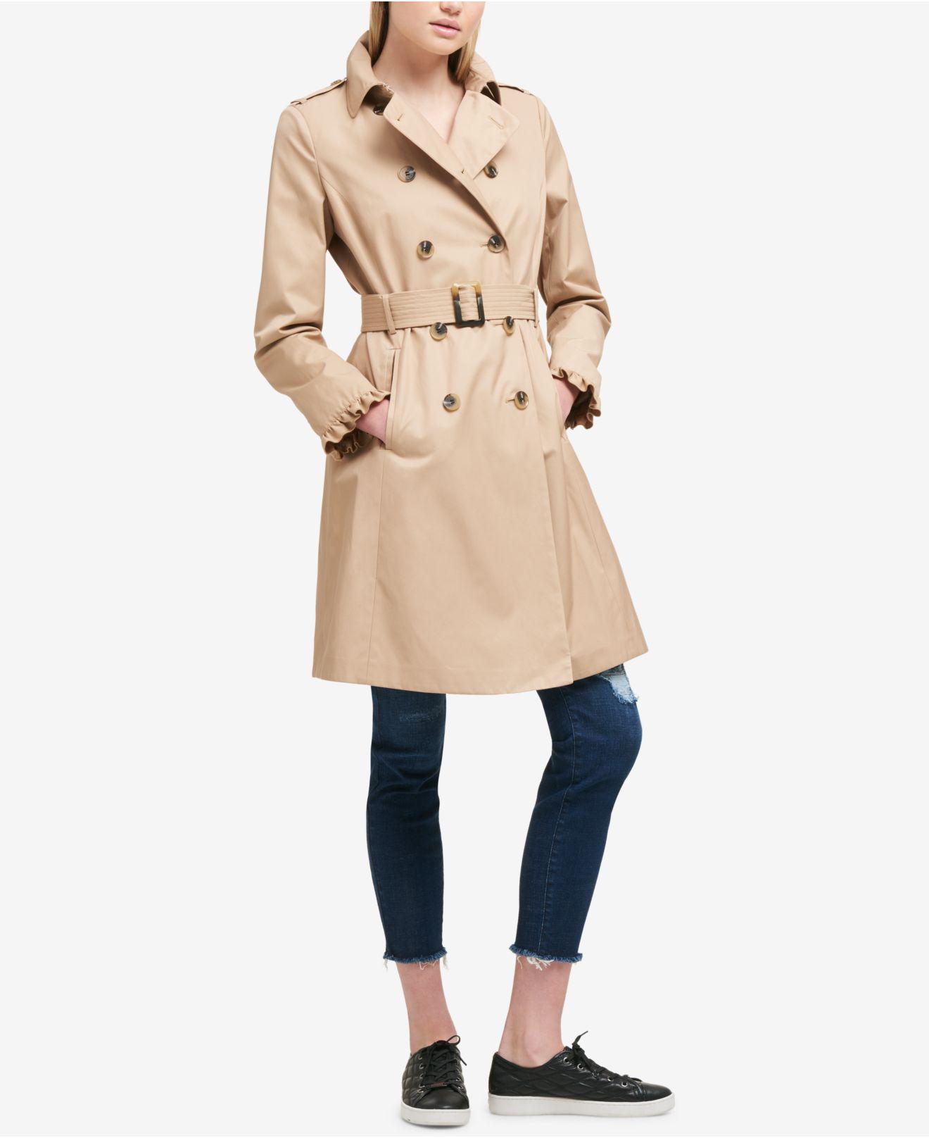 DKNY Ruffled Double-breasted Belted Trench Coat in Natural | Lyst
