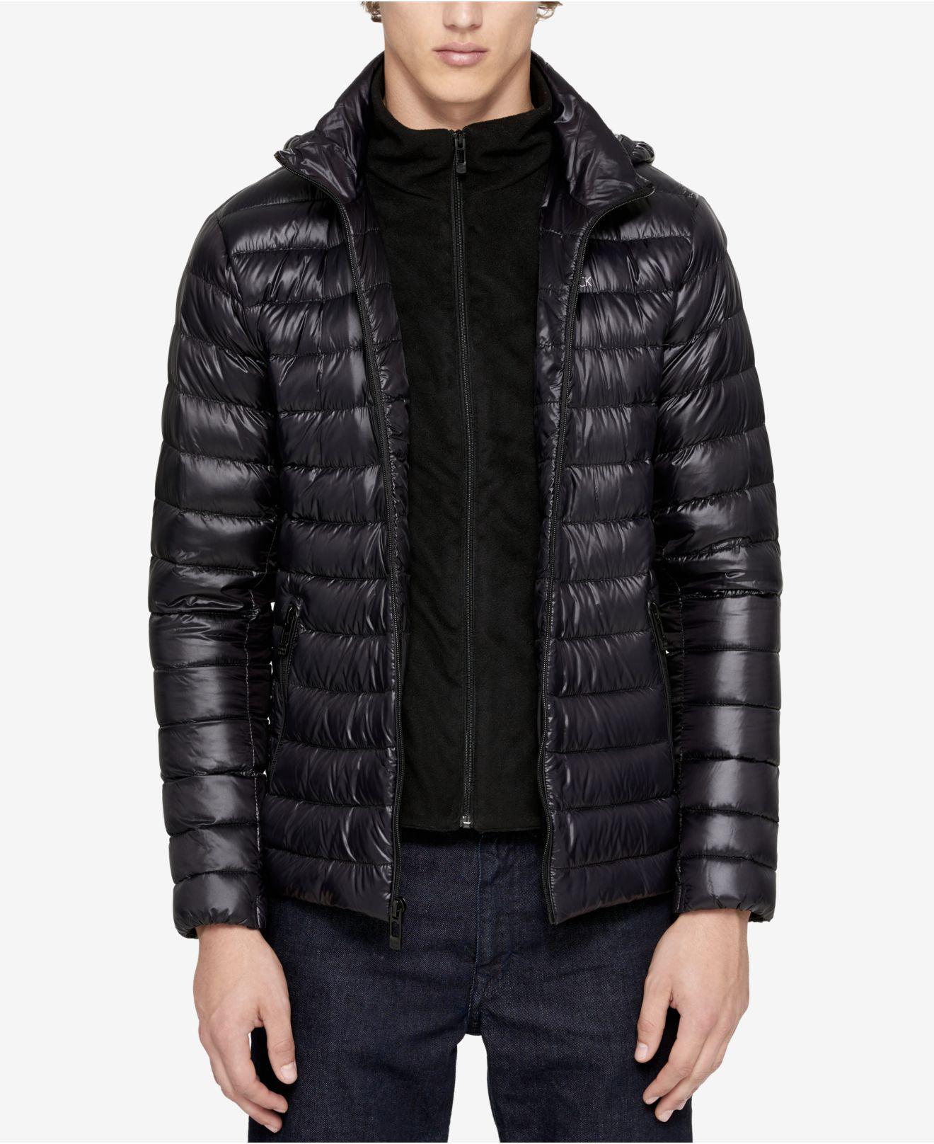 Calvin Klein Fleece Packable Down Hooded Puffer Jacket in Black for Men ...