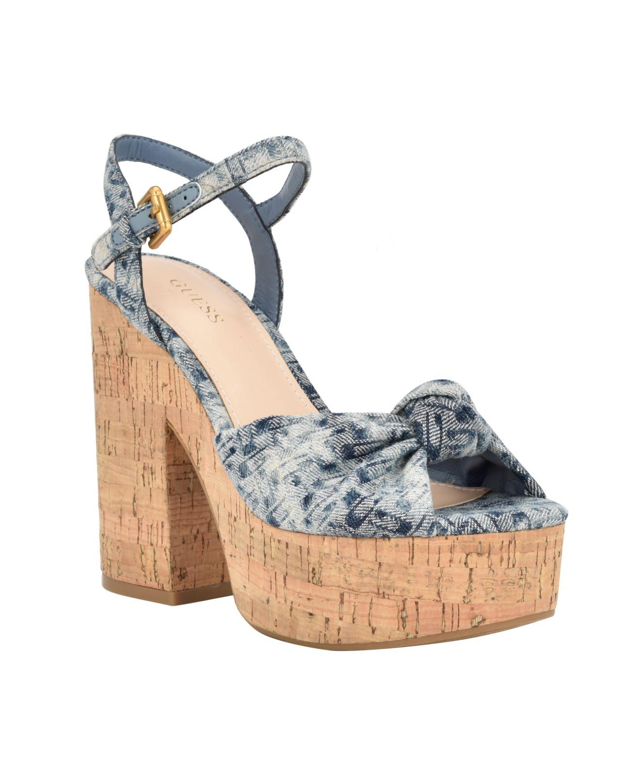Guess Yipster Platform Cork Wedge Sandals in Blue | Lyst