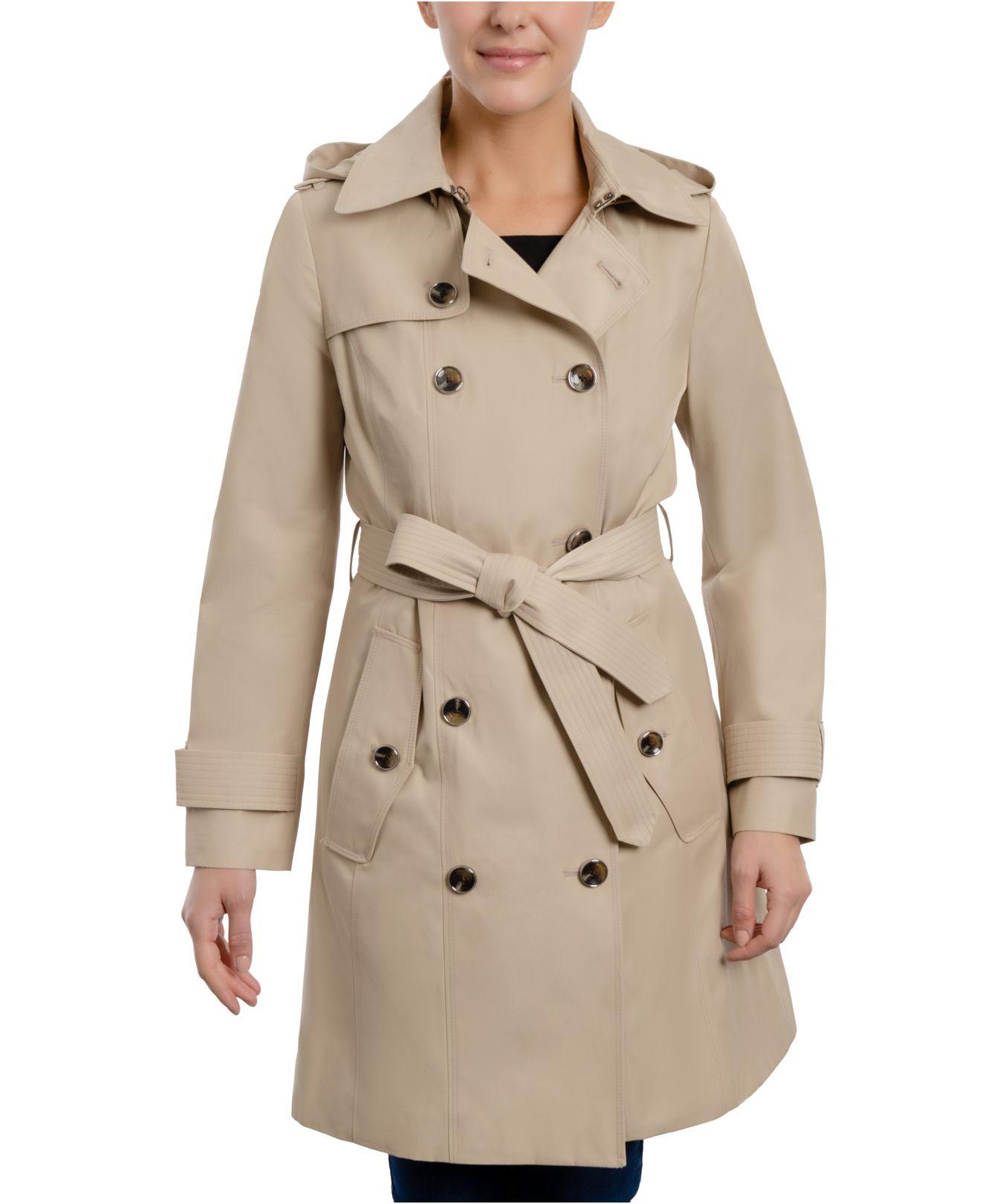 London Fog Petite Hooded Double-breasted Trench Coat in Natural | Lyst