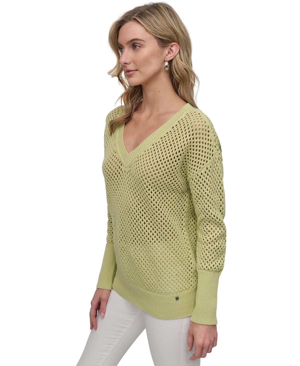 DKNY Cotton Open-knit V-neck Sweater in Green | Lyst