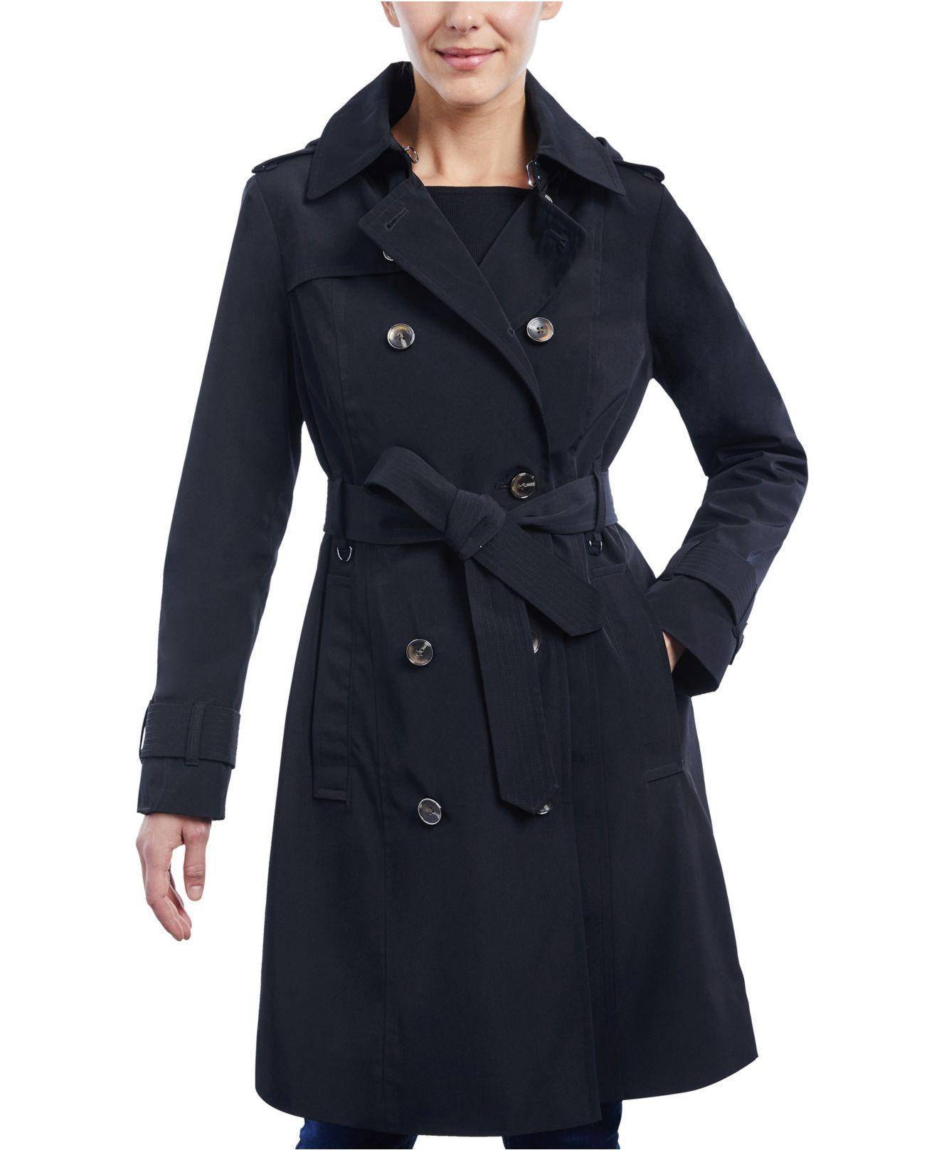 London Fog Petite Hooded Double-breasted Trench Coat in Black | Lyst