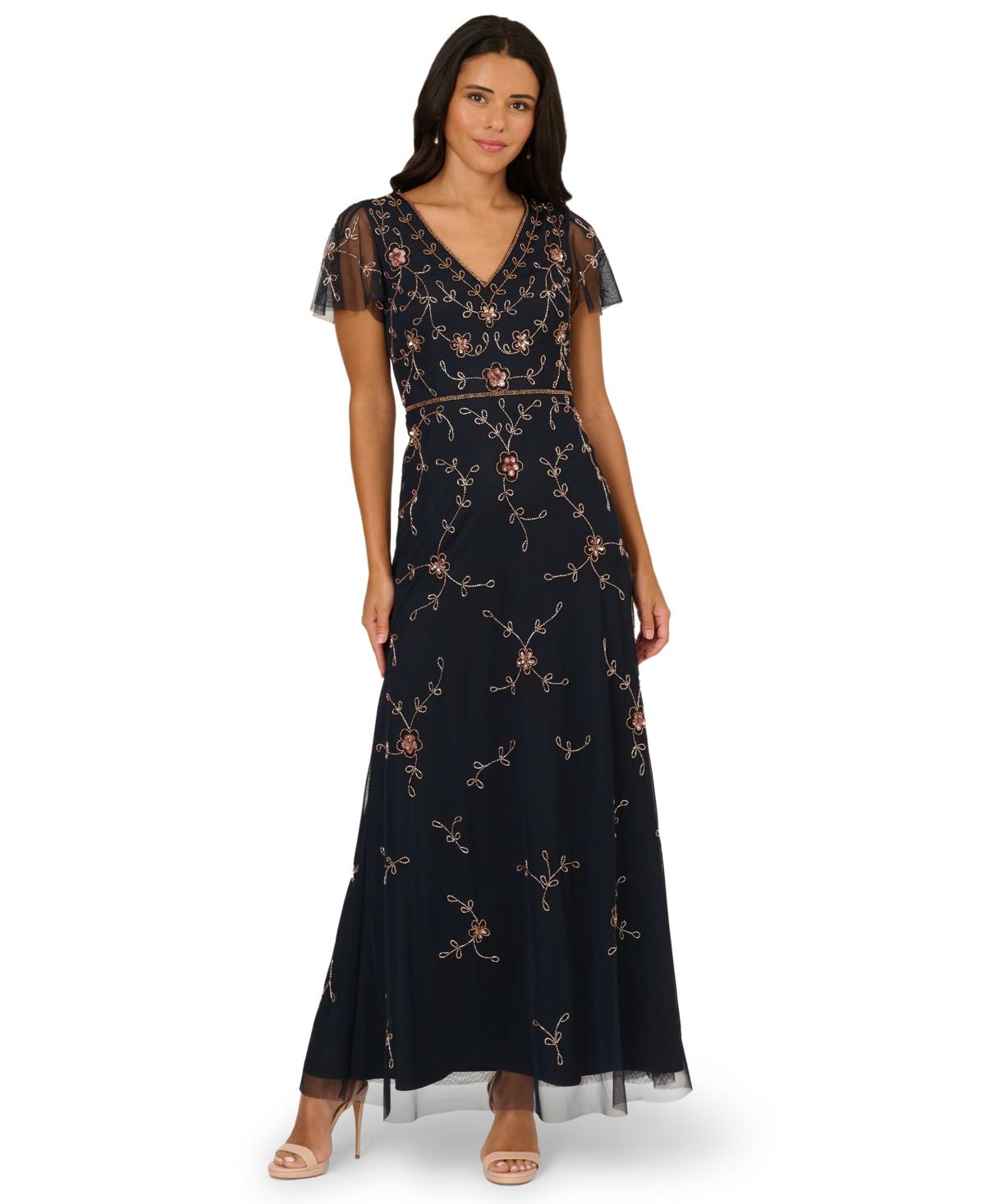 Adrianna Papell Beaded V-neck Long Dress in Black | Lyst