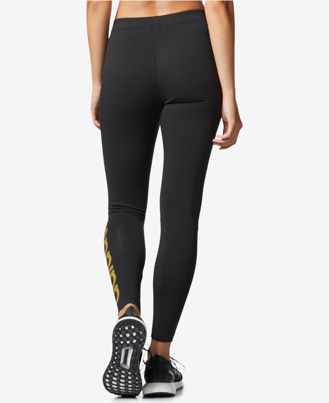 adidas Cotton Linear Metallic-logo Leggings in Black/Gold (Black) | Lyst