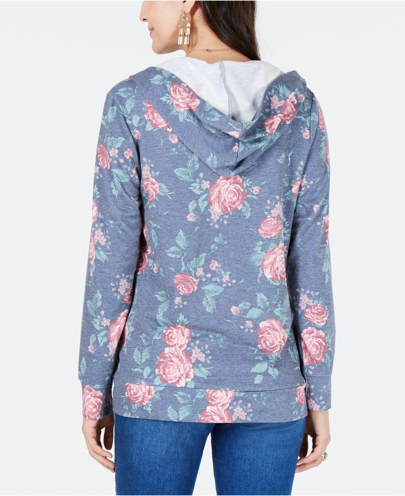 Style Co Synthetic Floral  print Zip  up  Hoodie  Top 