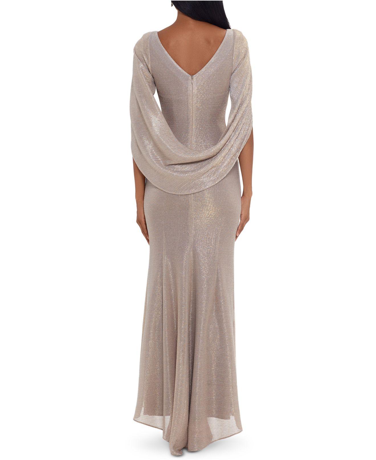 betsy and adam chiffon cape gown