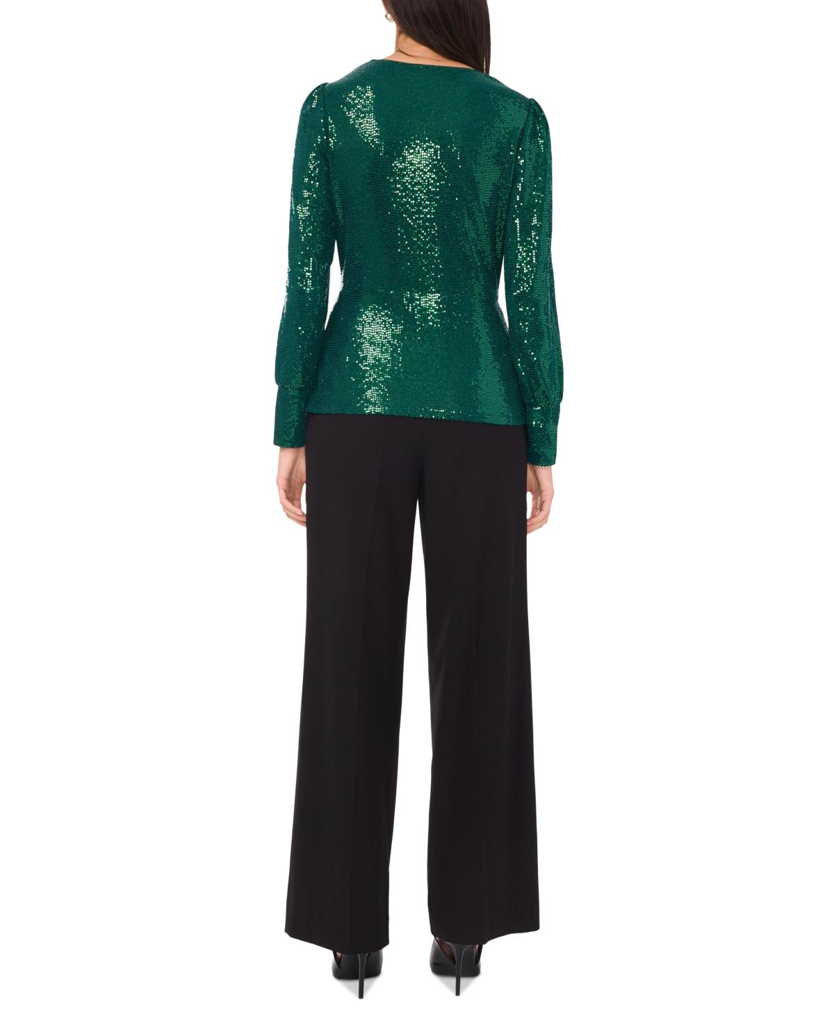 Vince Camuto Sequined Faux-wrap Long-sleeve Top in Green | Lyst