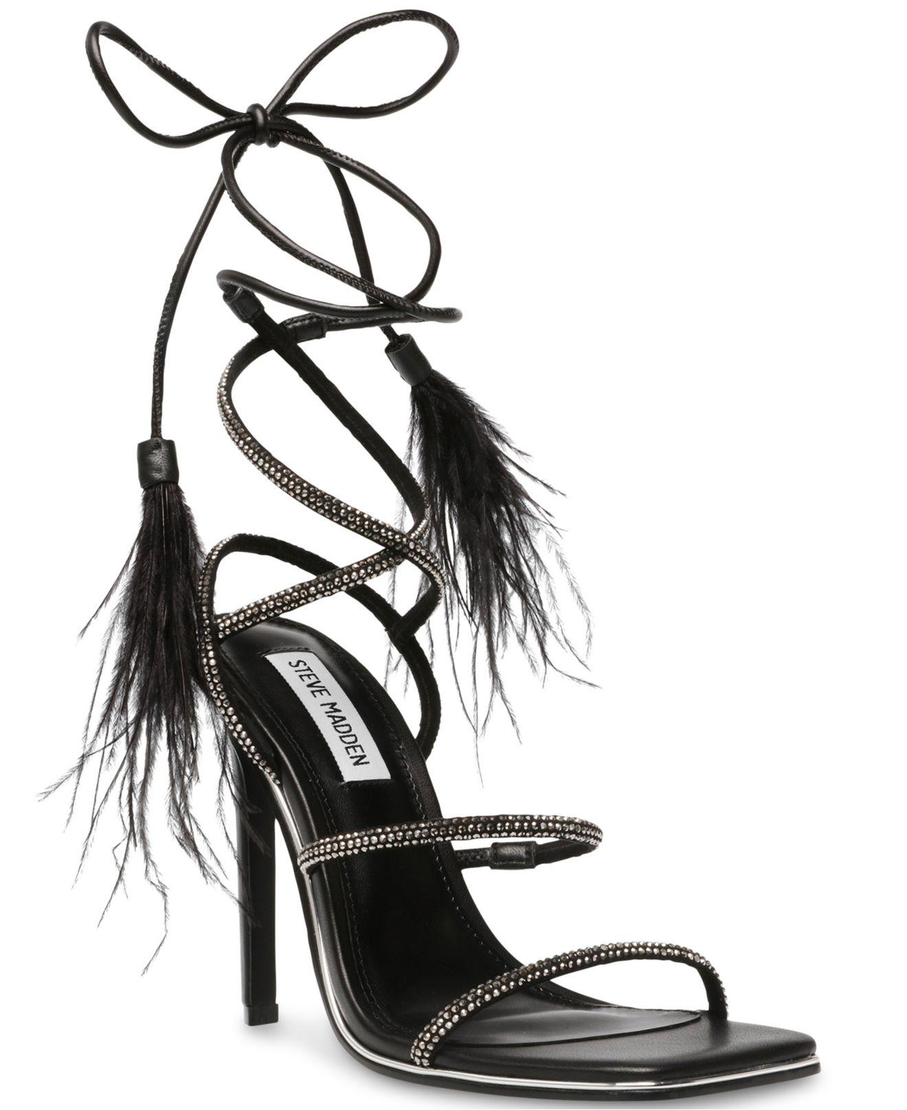 Steve Madden Upgrade Rhinestone Ankle-strap Feathered Dress Sandals in Black  | Lyst