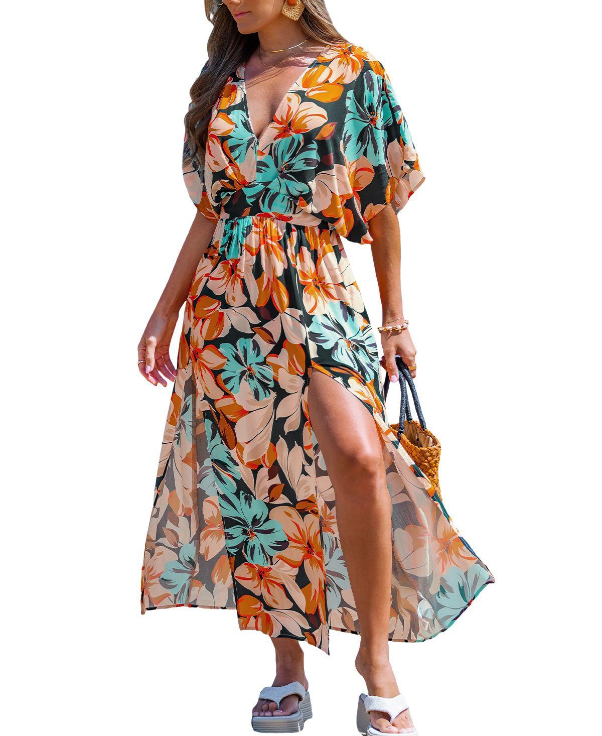 White Dresses Really Cute Summer Dresses Long Sleeve Maxi Long Printed Beach  Dress Floral Plunge Half