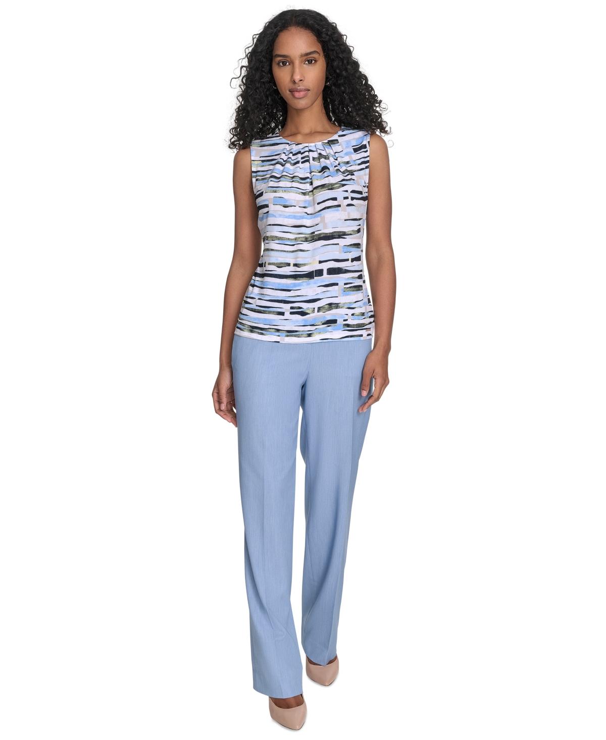 売れ筋商品|||カルバンクライン カットソー トップス レディース Petite Striped Pleated-Neck Top Light Sky Multi Calvin Klein Petite Striped Pleated-neck Top in Blue | Lyst