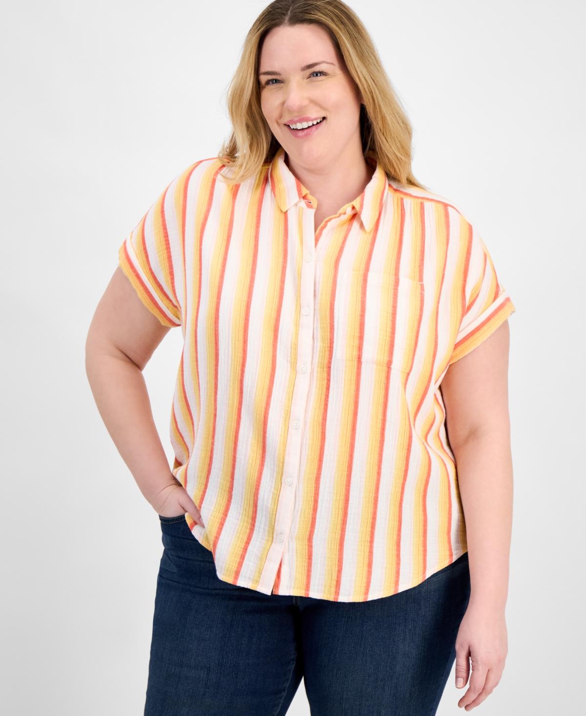 売れ筋商品|||スタイルアンドコー カットソー トップス レディース Plus Size Striped Camp Shirt, Exclusively at Macy's Sammy Blue Style & Co Women's Stripe Shirts & Tops - Macy's