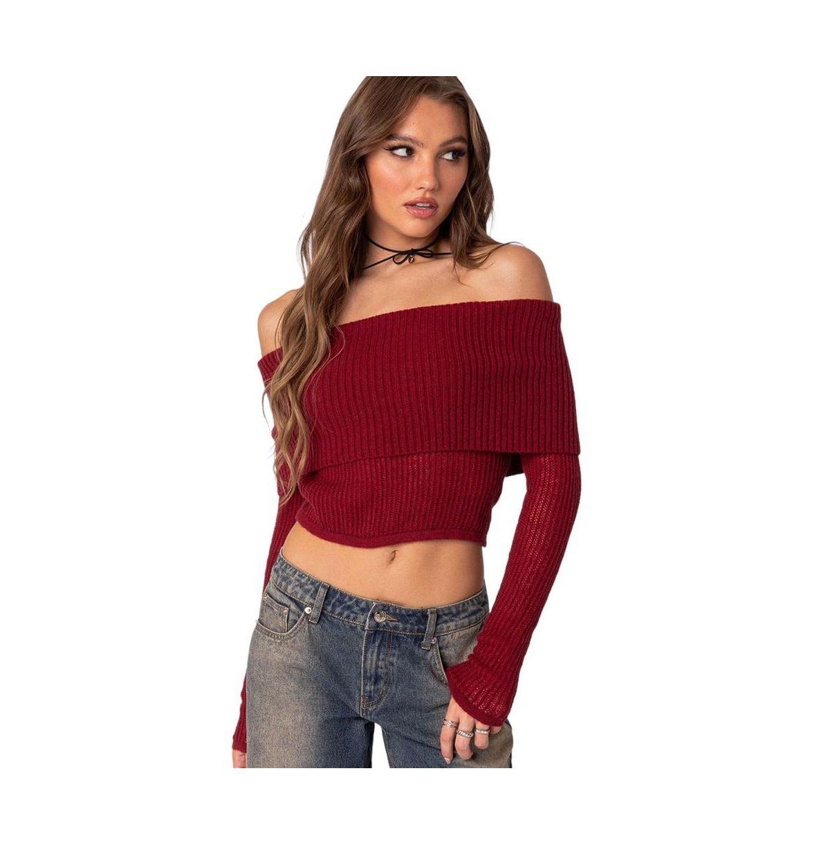 Edikted Lili Off Fold Over Knit Top in Red | Lyst