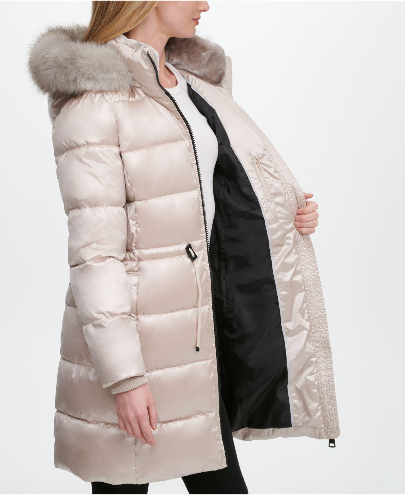 DKNY Petite High-shine Faux-fur Trim Hooded Puffer Coat in Champagne ...