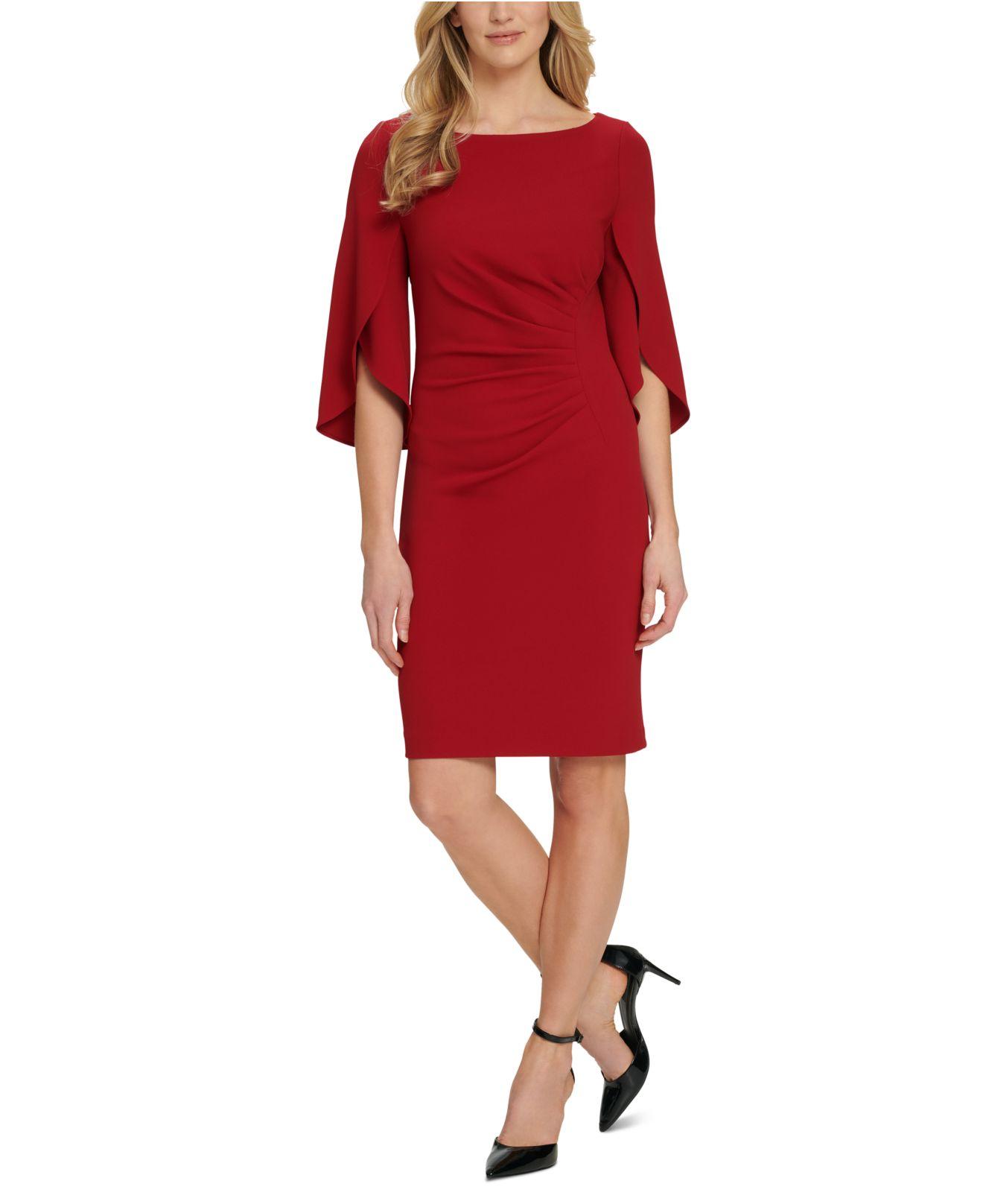 DKNY Synthetic 3/4 Tulip Sleeve Side Ruche Sheath Dress in Garnet (Red ...