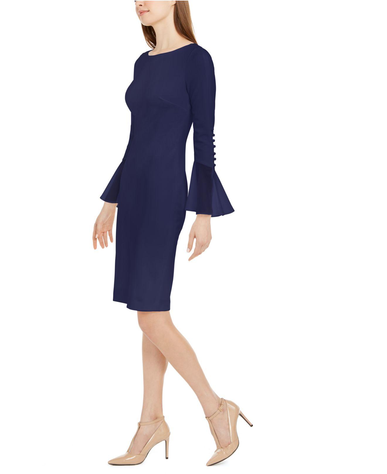 Calvin Klein Chiffon-bell-sleeve Sheath Dress in Blue | Lyst
