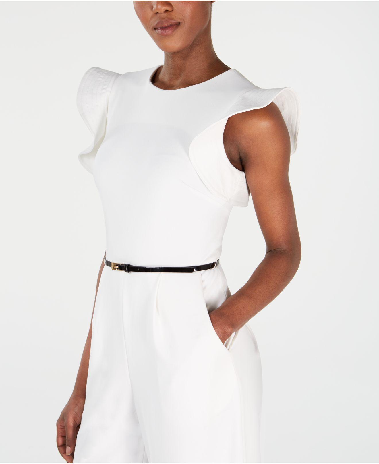 Calvin Klein Synthetic Belted Ruffle-sleeve Jumpsuit in Cream (White ...