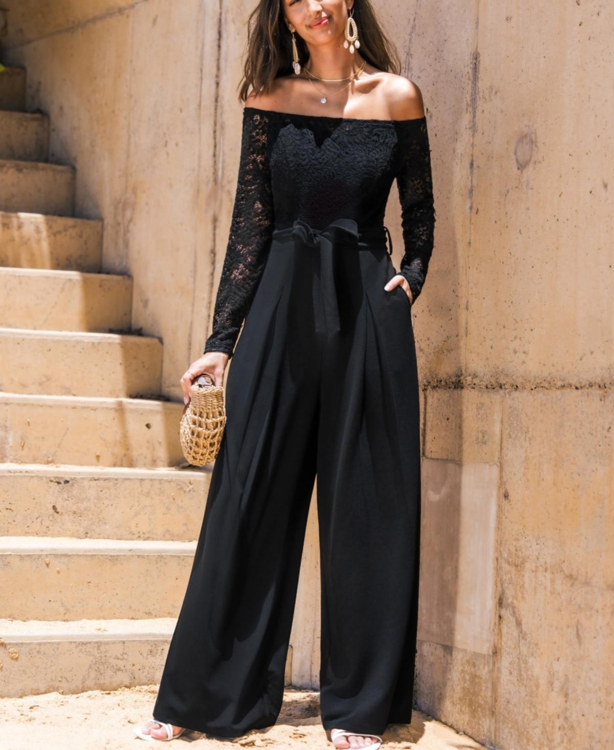 CUPSHE Elegant Lace Off-shoulder Wide-leg Jumpsuit in Black Lyst