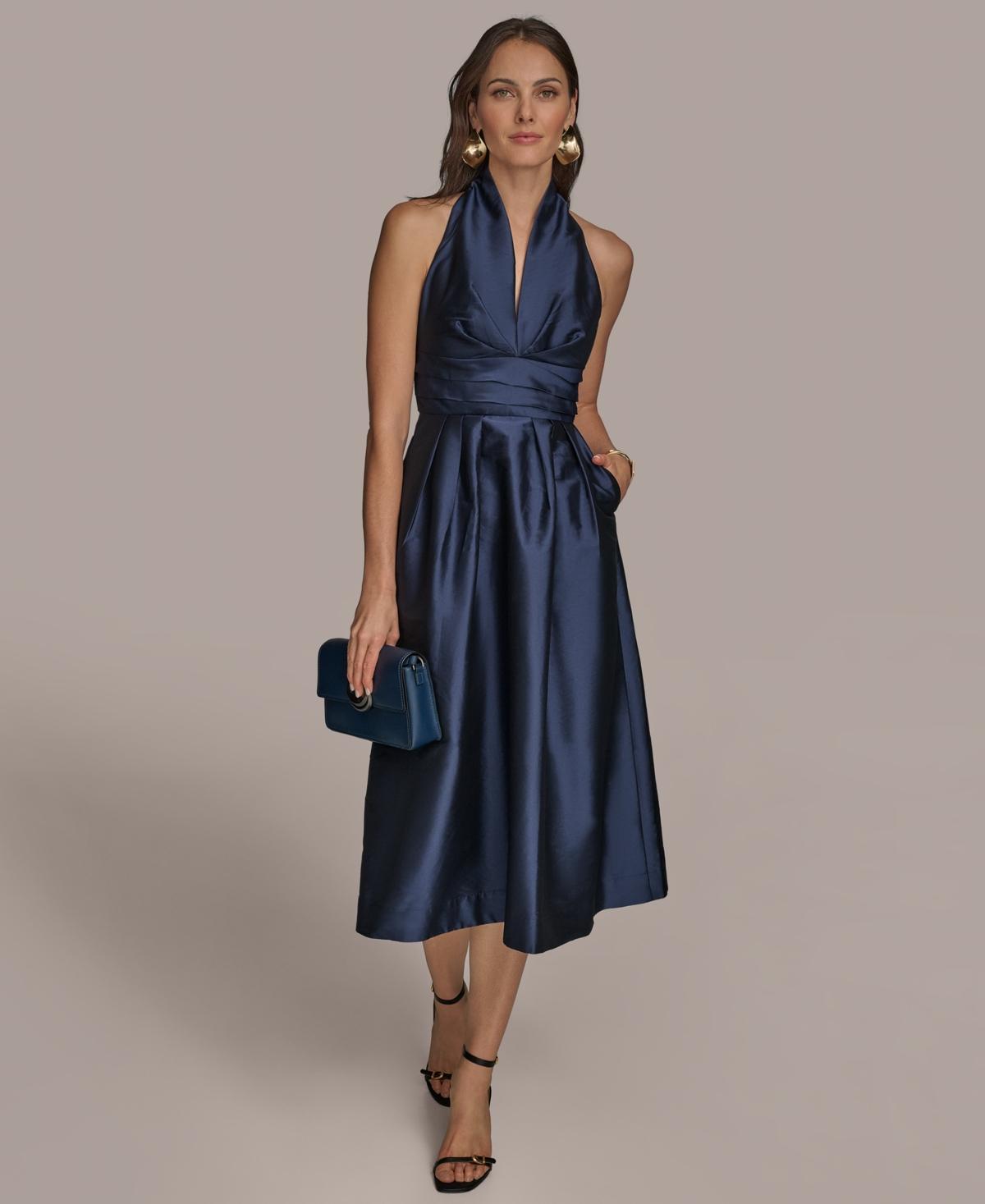donna karan french twill halter neck sleeveless a-line dress Donna Karan Petite Midi in Blue stylish skirt and crop top
