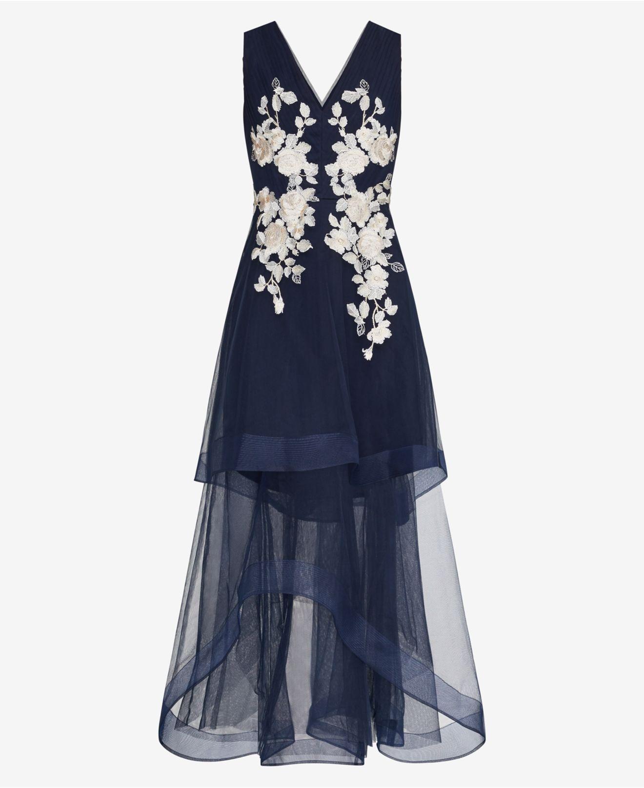 bcbg metallic lace applique gown
