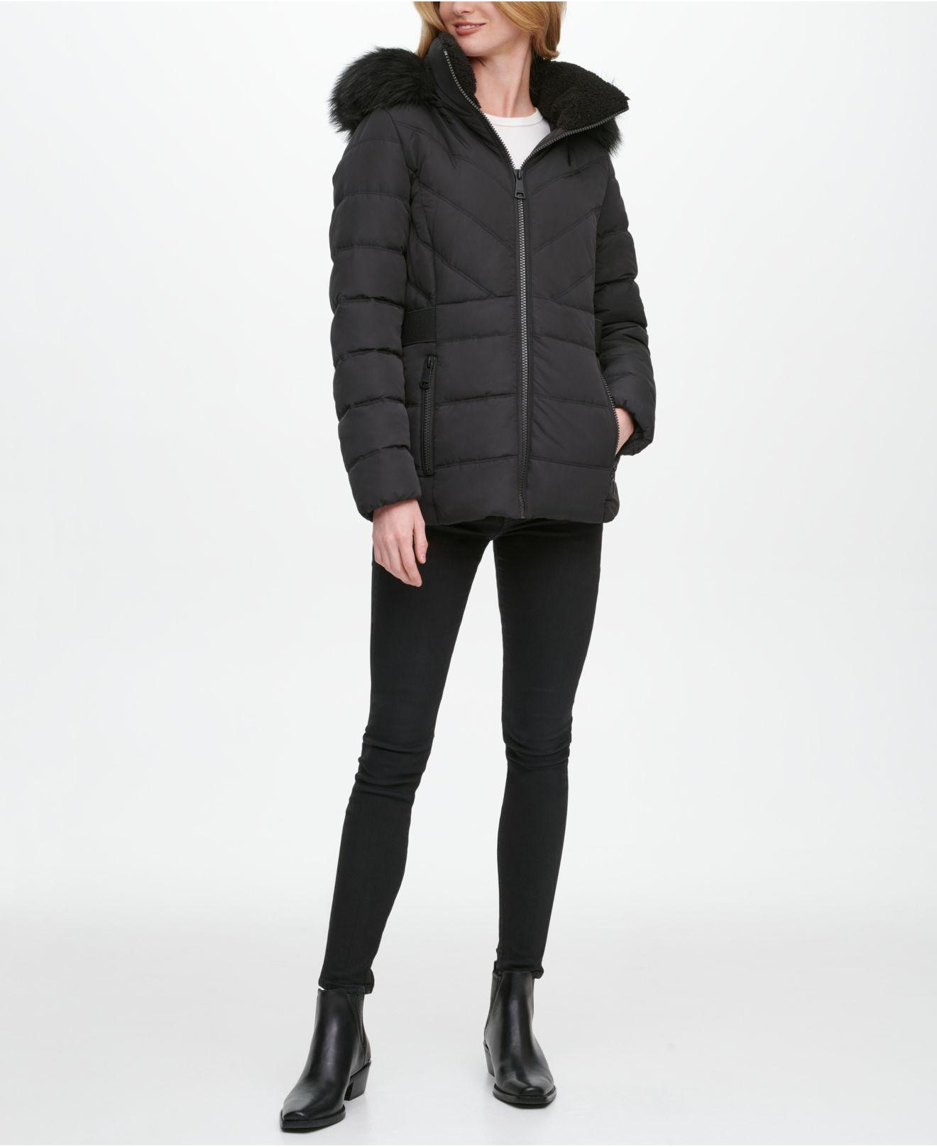 DKNY Faux-fur Trim Hooded Puffer Coat in Black - Lyst