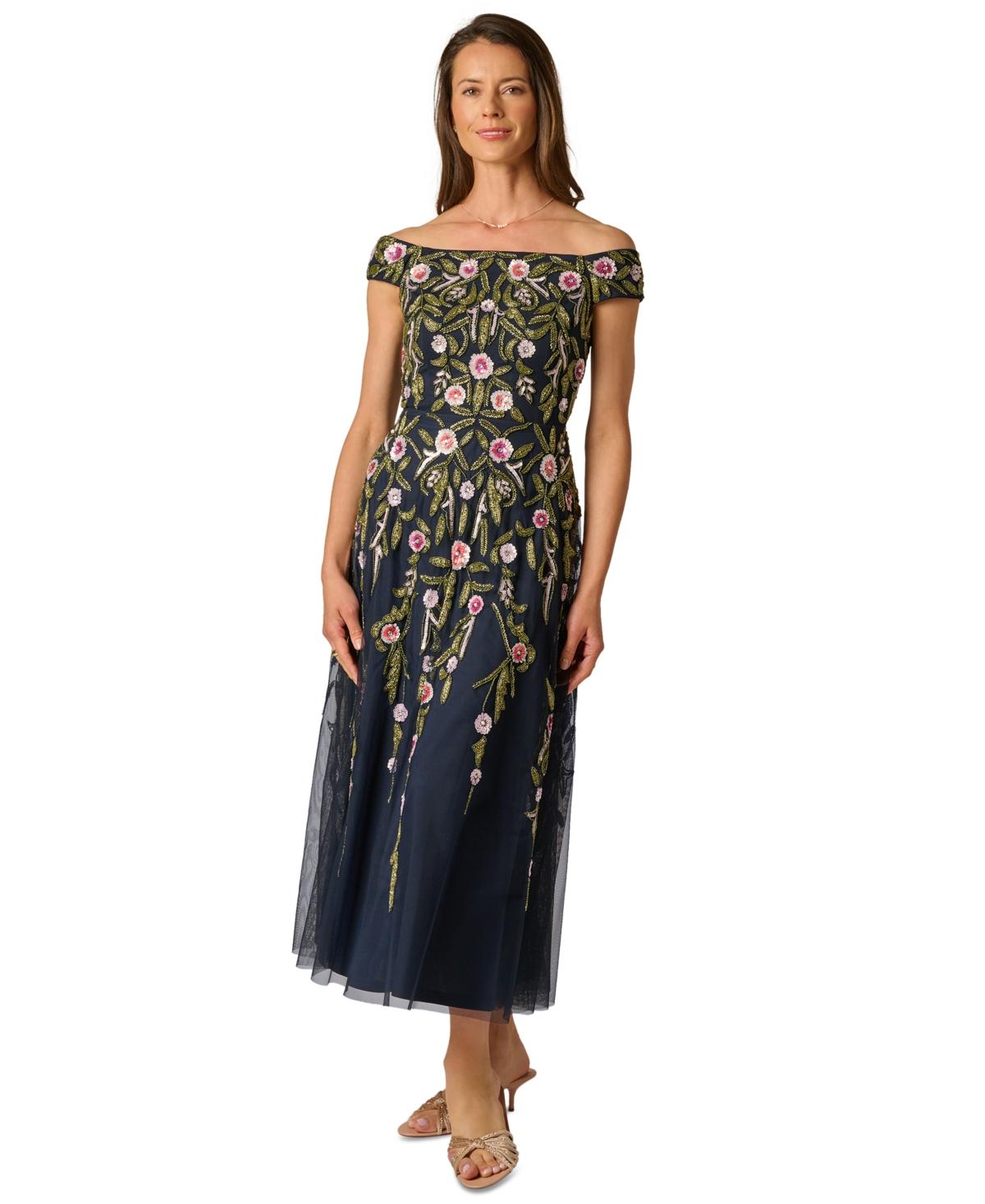 adrianna papell v neck fit & flare dress Sleeveless Mikado Fit And Flare Midi Dress With V-Back In Midnight main image 0