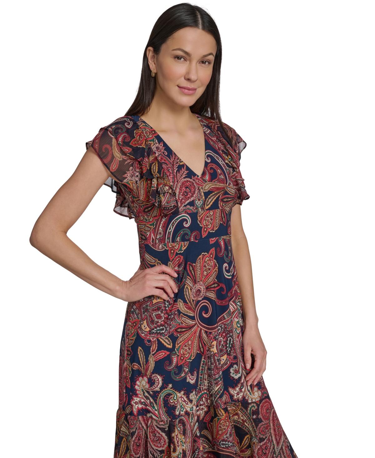 tommy hilfiger chiffon floral flutter-sleeve dress Tommy Hilfiger Women's Dresses midi,Black Multi,4 at Amazon Women's Clothing store