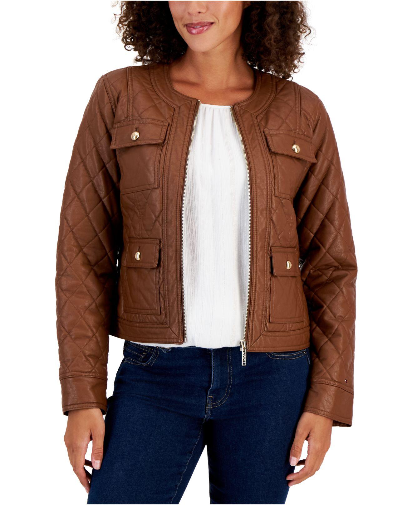 Tommy Hilfiger Quilted Faux-leather Jacket in Brown | Lyst