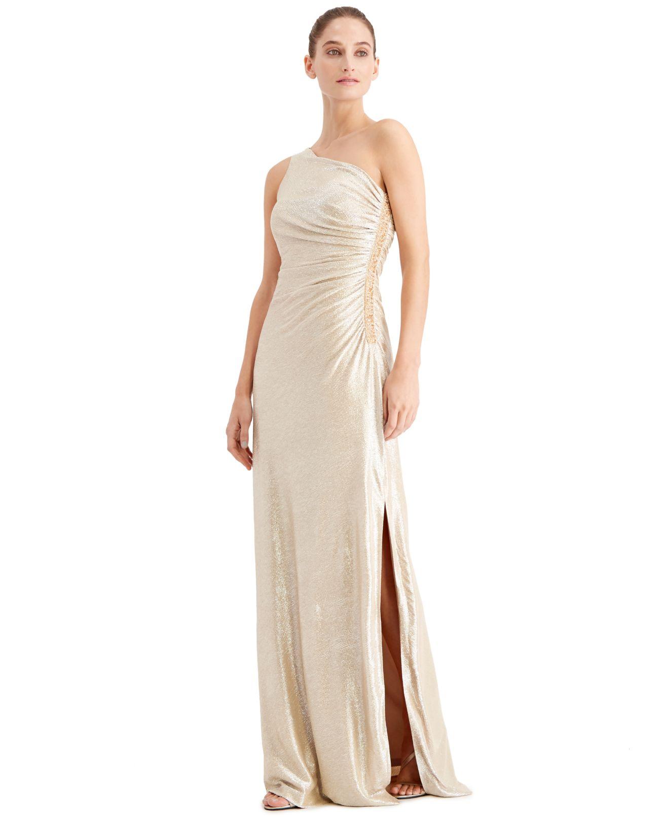 calvin klein one shoulder metallic gown