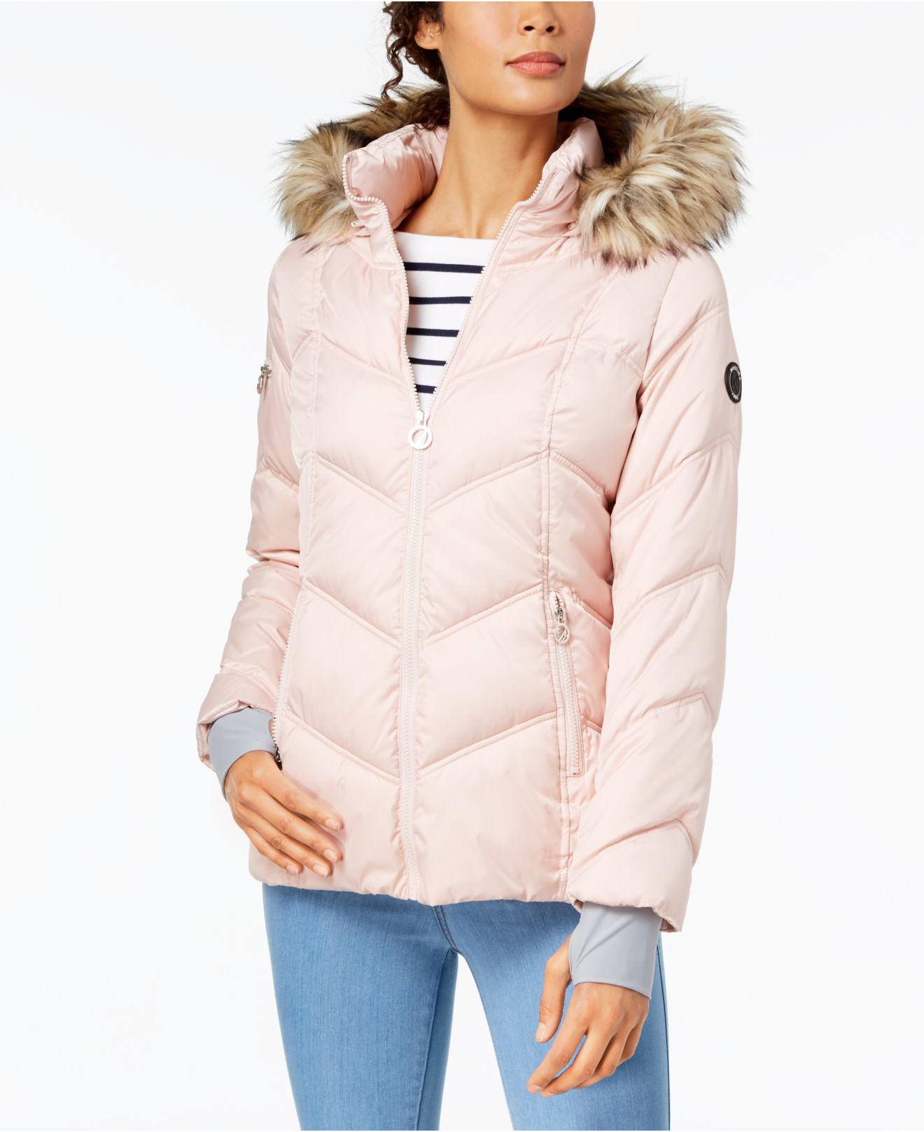 Nautica Faux-fur-trim Hooded Puffer Coat in Pink | Lyst