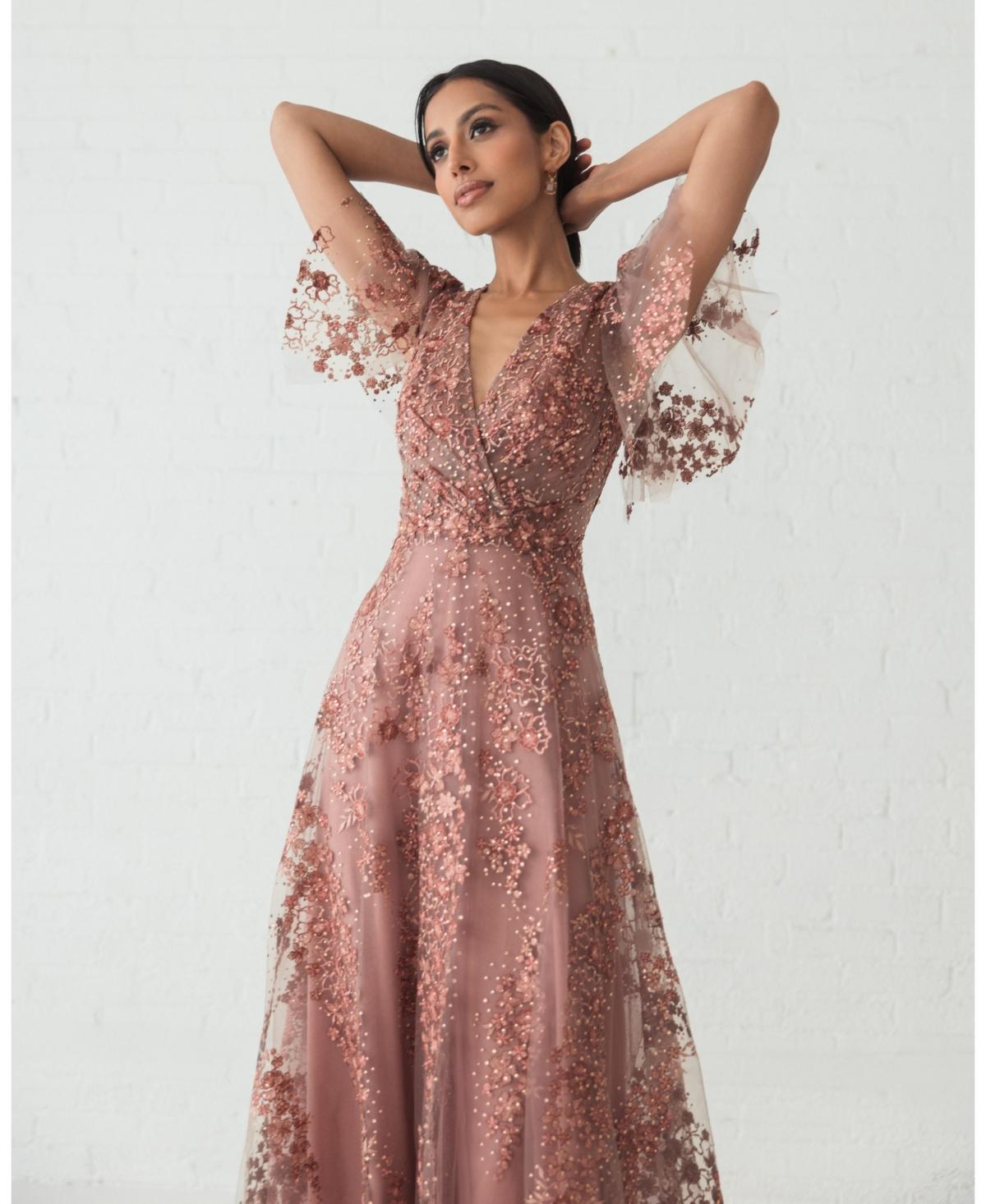 Mac Duggal Embroidered Flutter Sleeve A Line V Neck Dress in Pink | Lyst