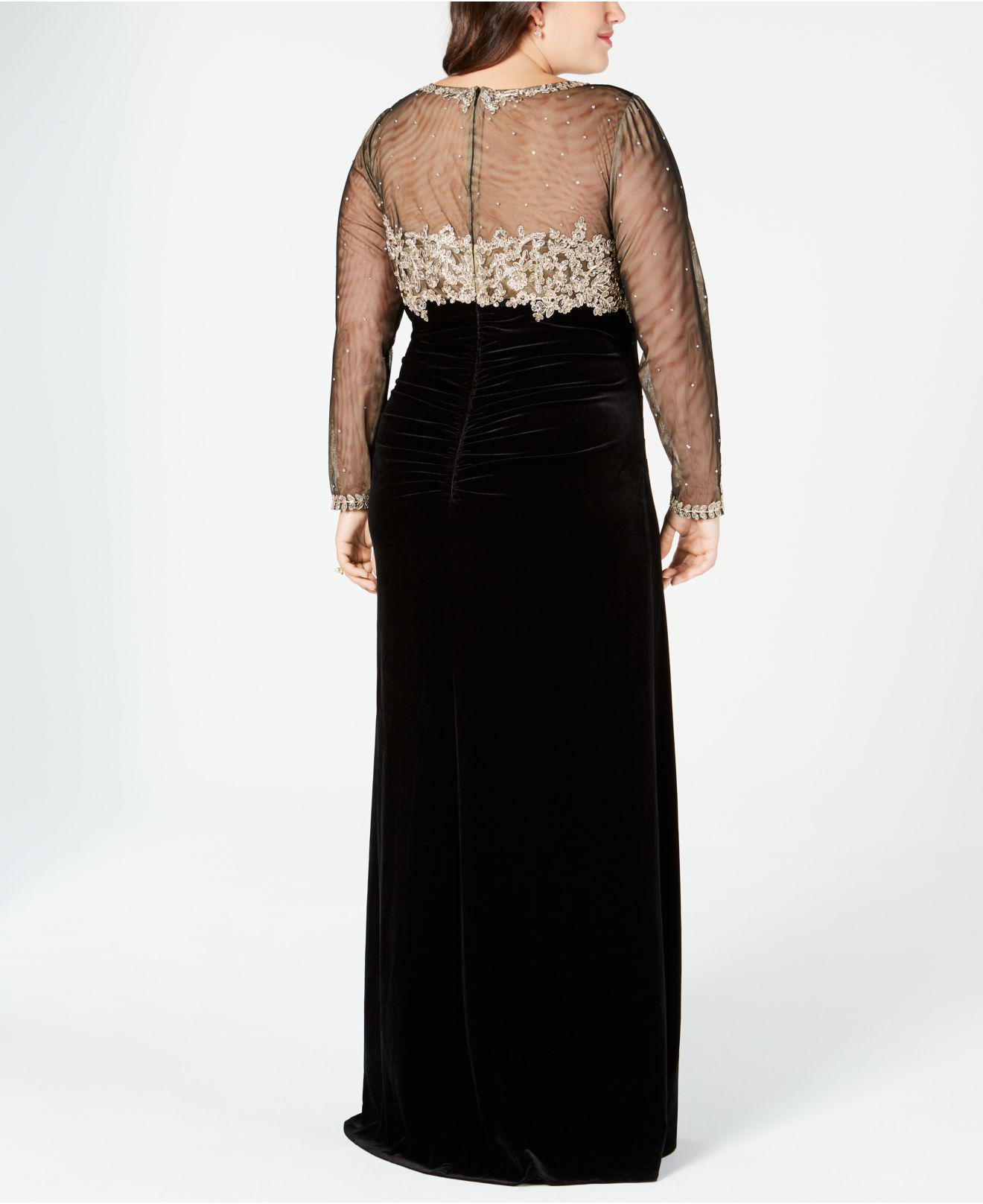 Xscape Plus Size Embroidered Velvet Illusion Gown in Black/Gold (Black) |  Lyst