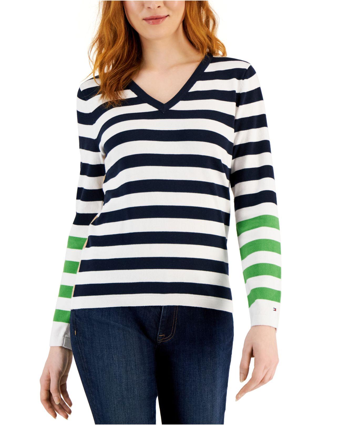 Tommy Hilfiger Cotton V-neck Striped Sweater in Blue | Lyst