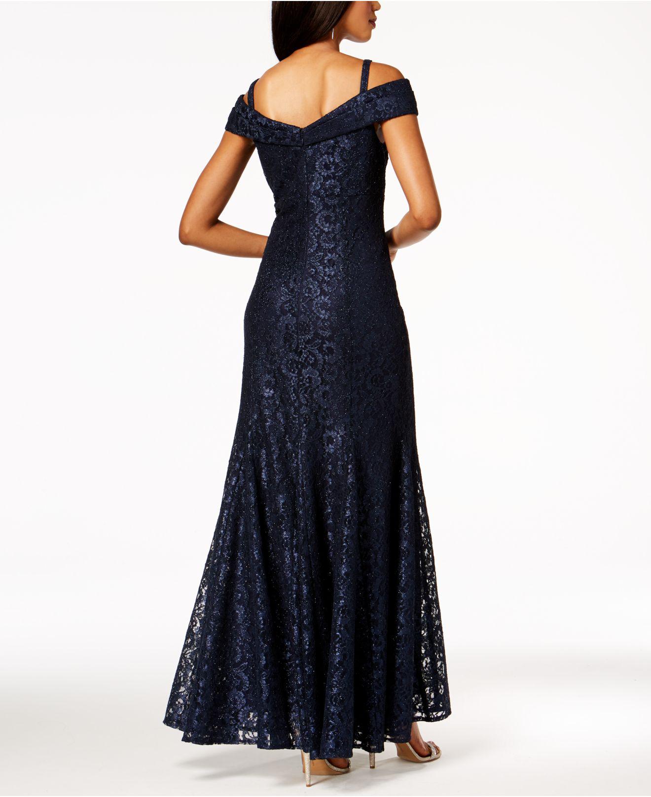 R & M Richards Off-the-shoulder Lace Gown in Navy (Blue) - Lyst