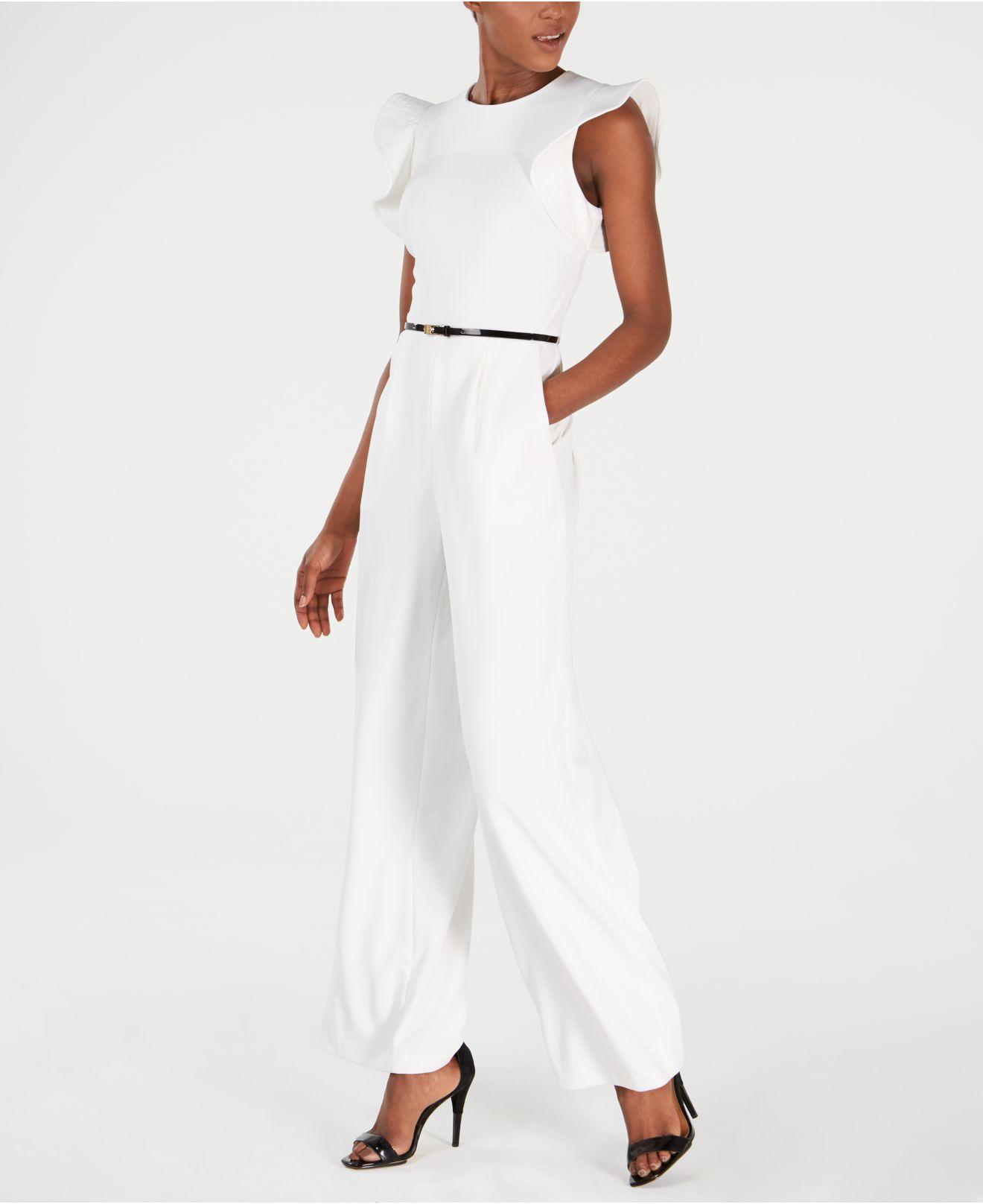 Calvin Klein Belted Ruffle-sleeve Jumpsuit in White | Lyst