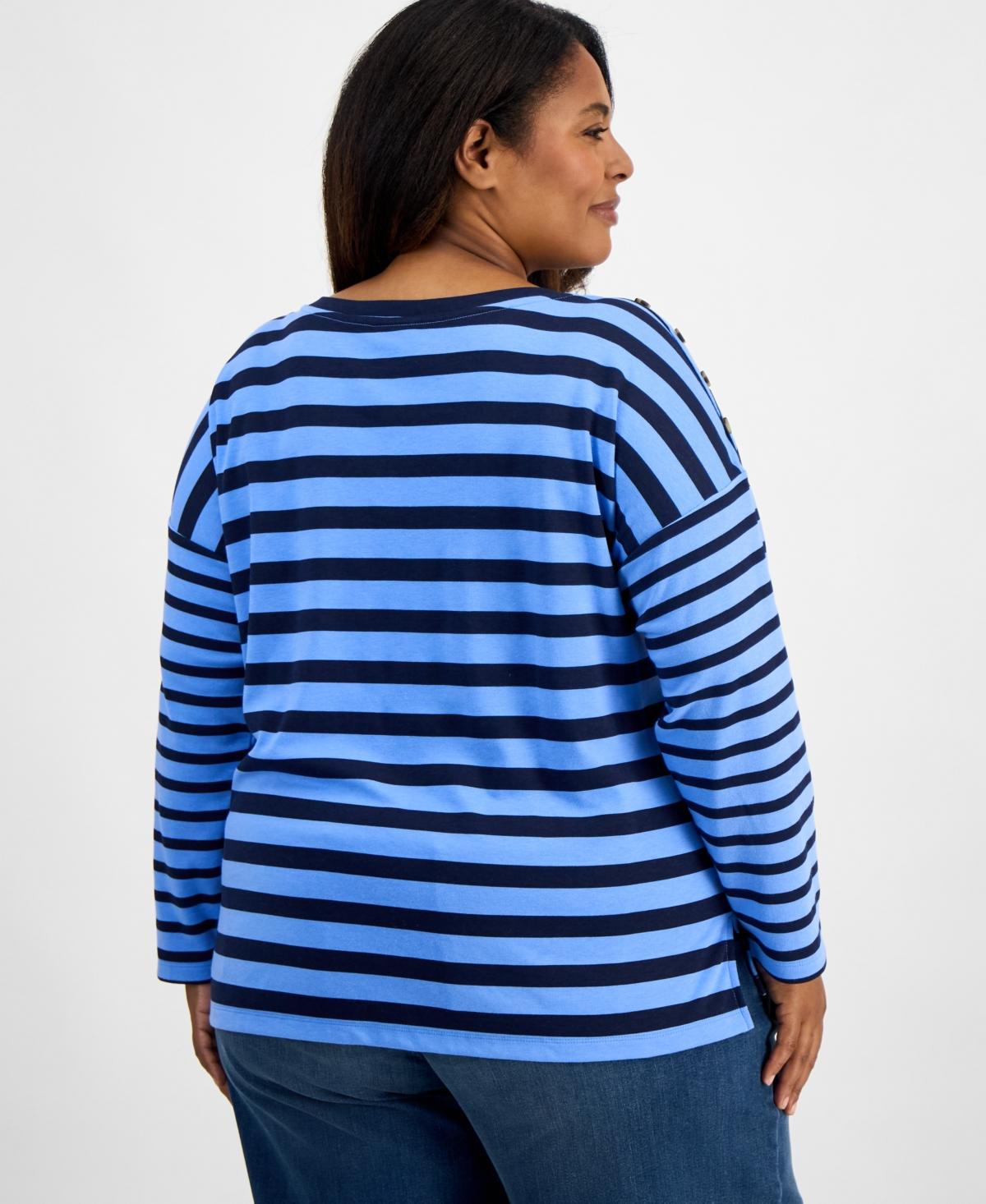 売れ筋商品|||スタイルアンドコー カットソー トップス レディース Plus Size Eyelet Camp Shirt, Exclusively at Macy's Industrial Blue JM Collection Women's Printed Scoop-Neck Short Sleeve Top