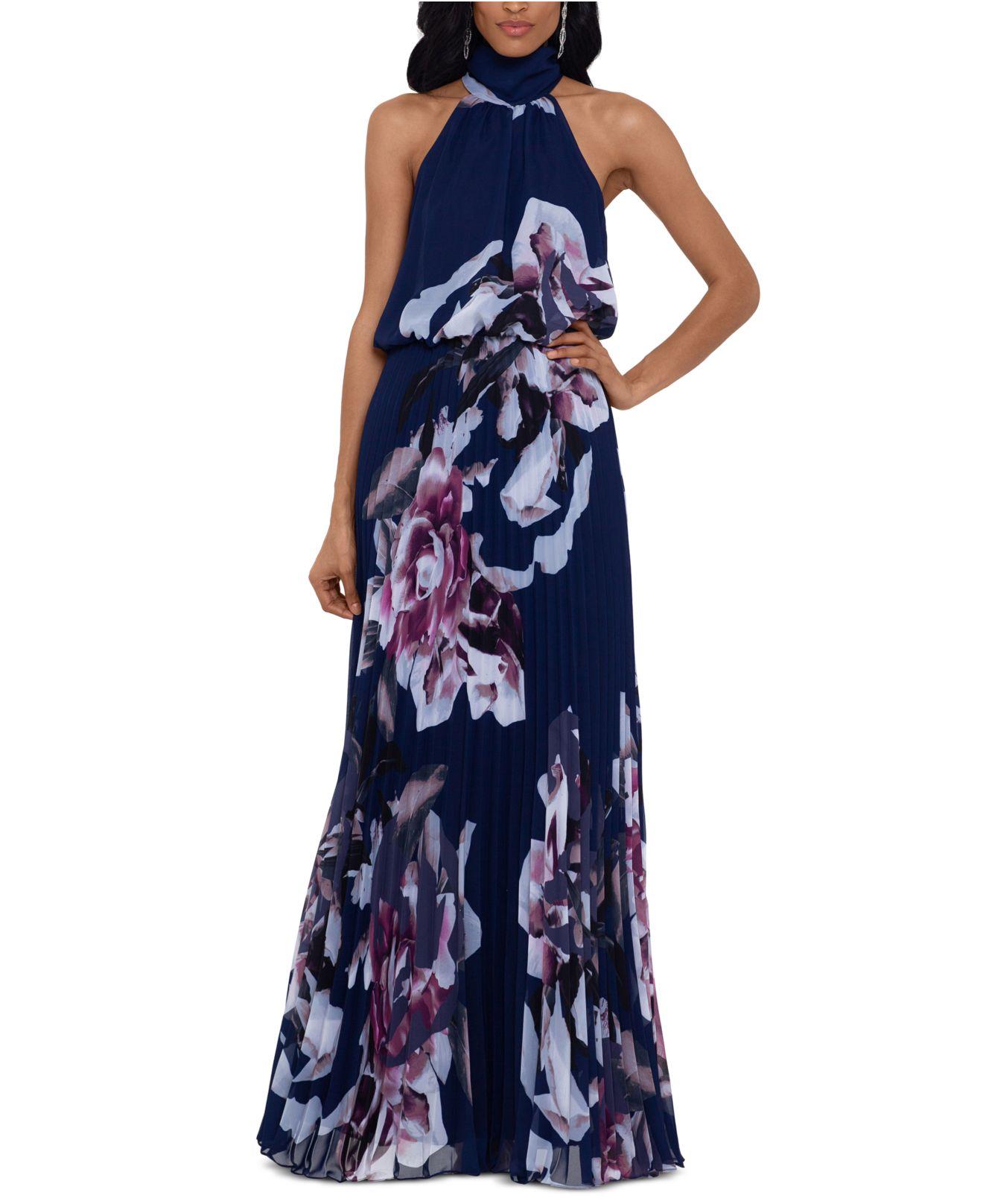 Betsy & Adam Floral-print Chiffon Halter Gown in Navy Blue Floral (Blue