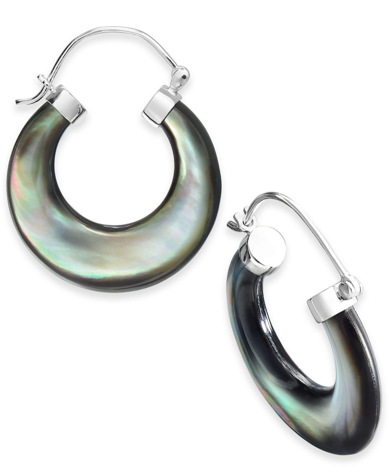 Macy's Black Motherofpearl Hoop Earrings In Sterling Silver in
