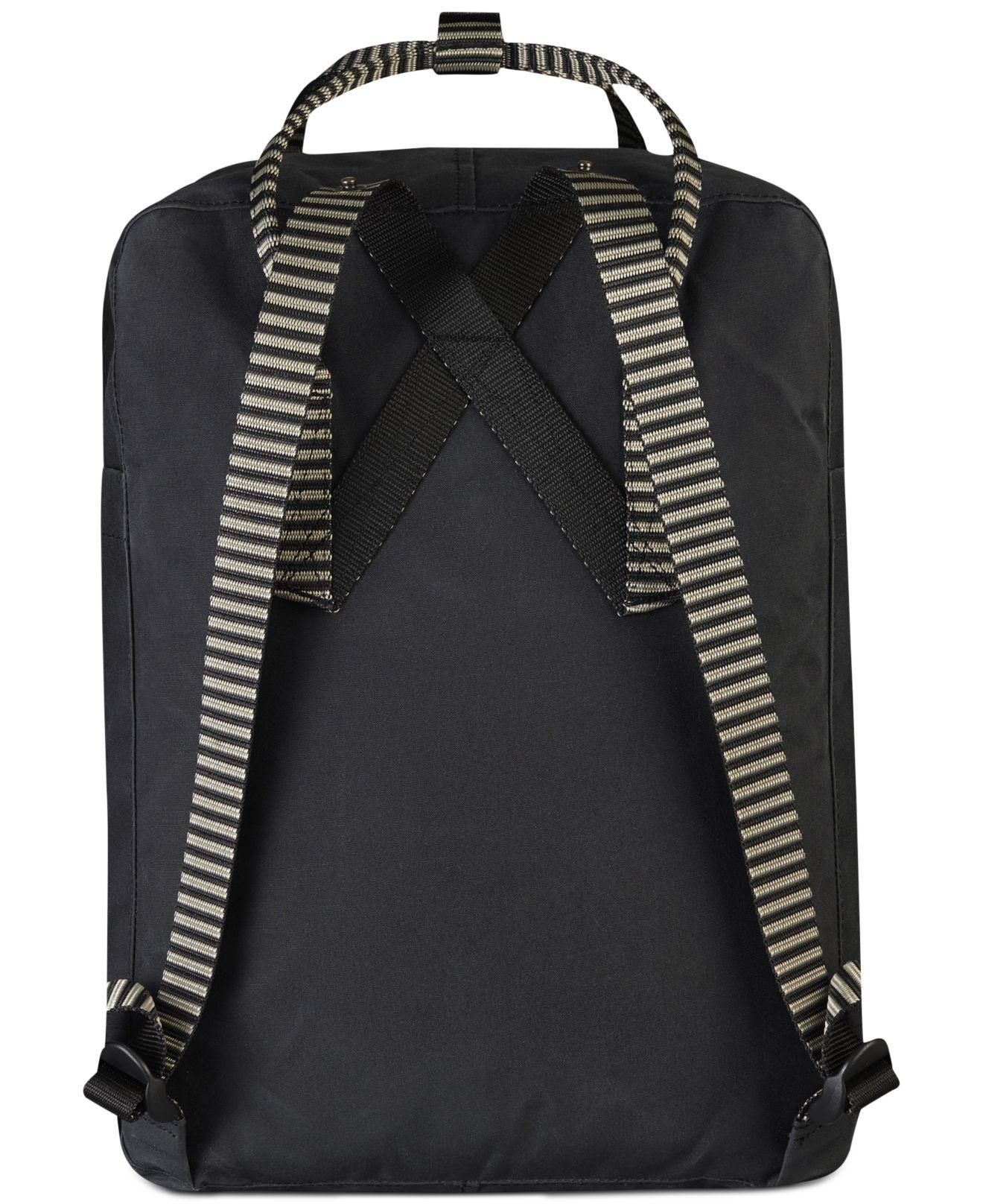 fjallraven mini kanken black backpack with contrast stripes