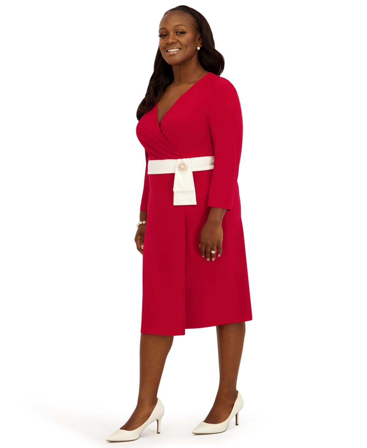 red wrap dress knee length Kasper V-neck in 25autumn