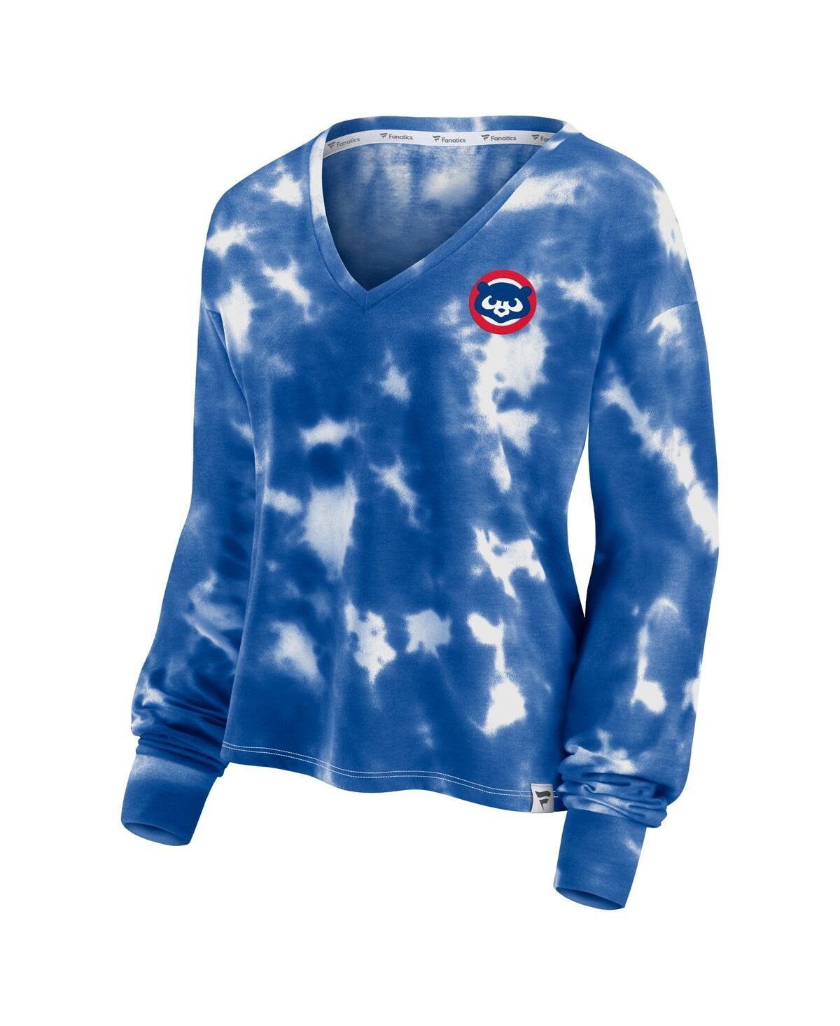 Fanatics White And Royal Chicago Cubs Tie-dye V-neck Pullover Cropped Tee  in Blue