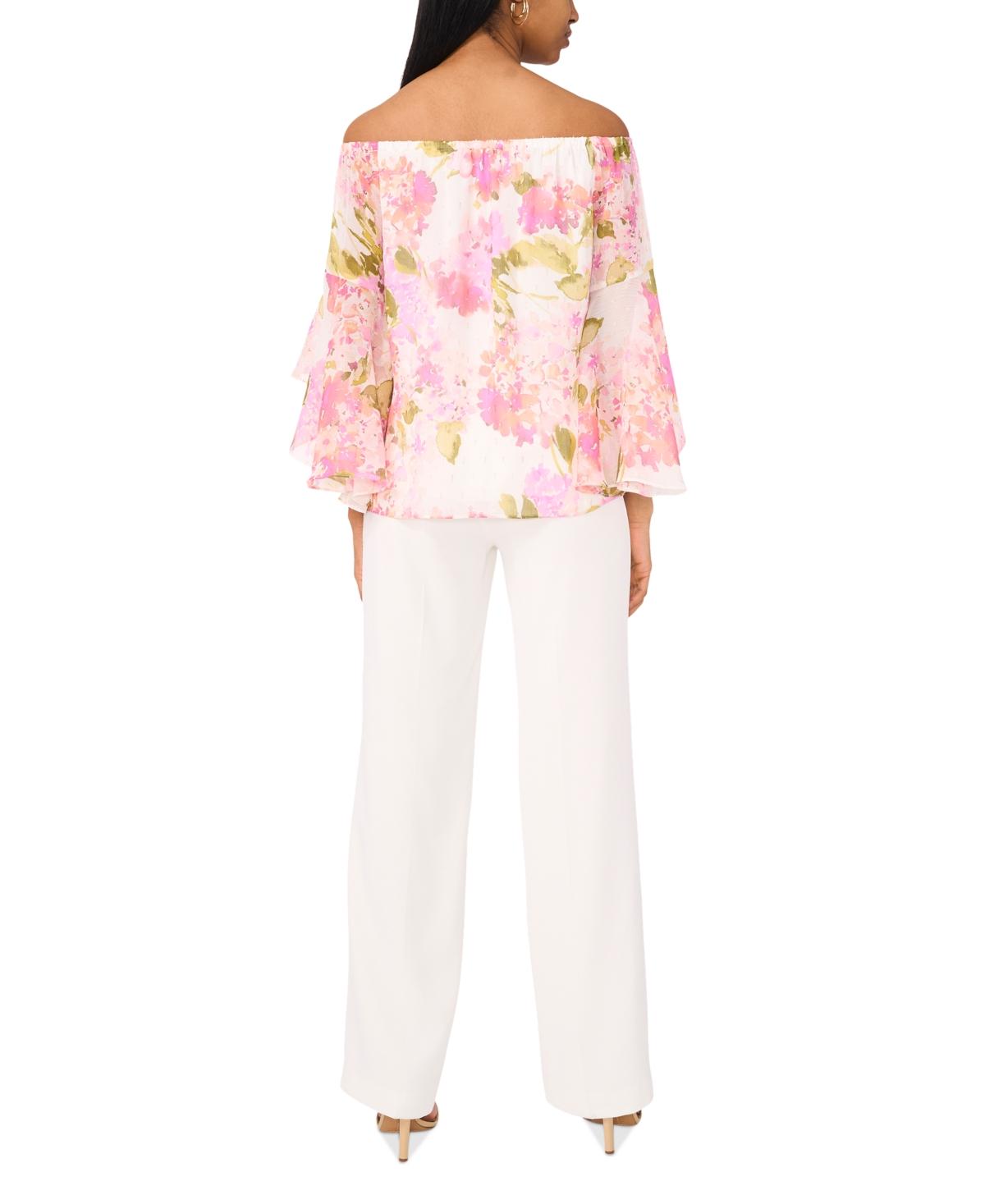 売れ筋商品|||ミスク カットソー トップス レディース Petite Floral Off-The-Shoulder Ruffled-Cuff Top Ivory/Pink/Olive Msk Petite Floral Off-the-shoulder Ruffled-cuff Top in Pink