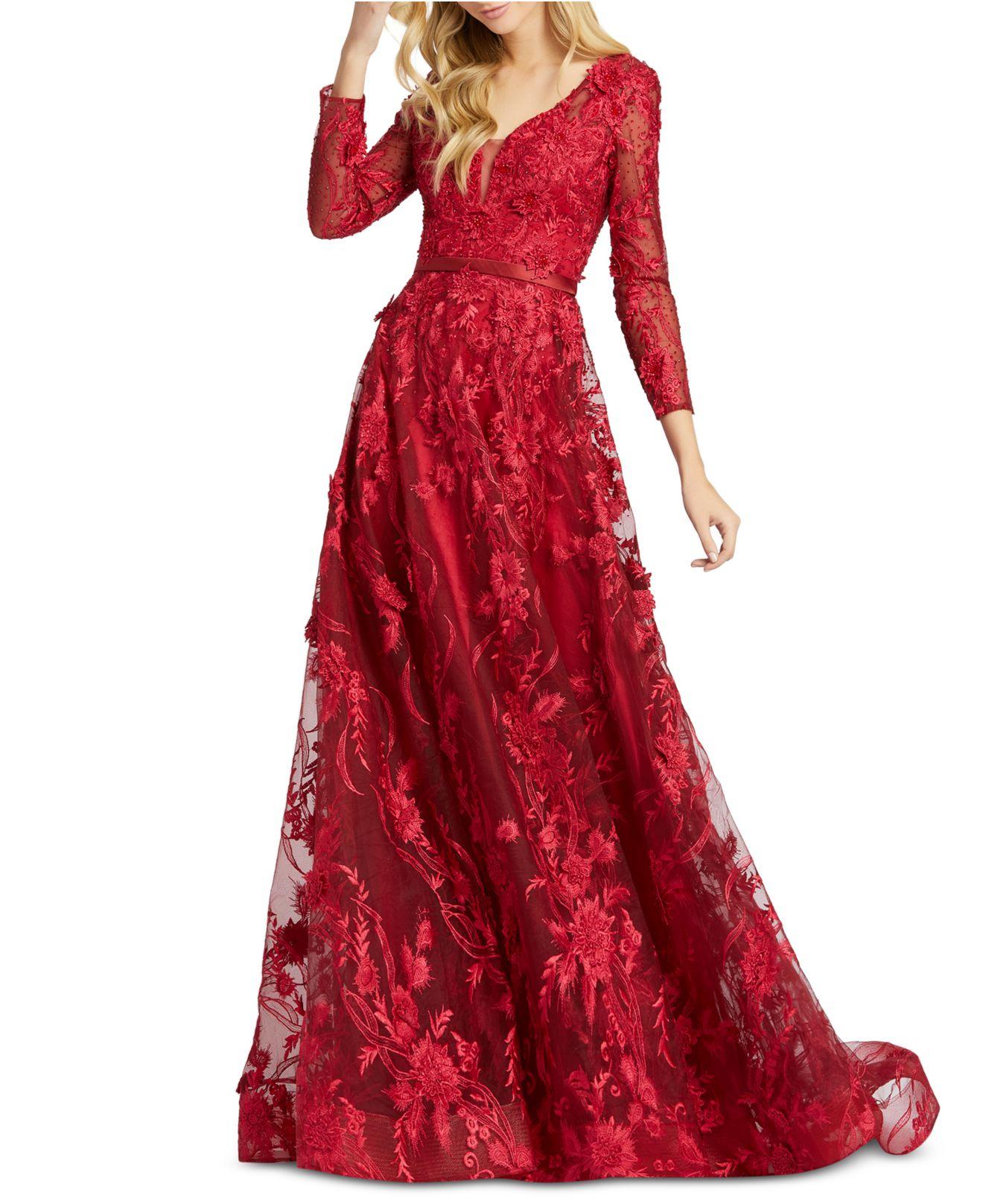 Mac Duggal Synthetic Embellished Floral-appliqué Gown in Deep Red (Red