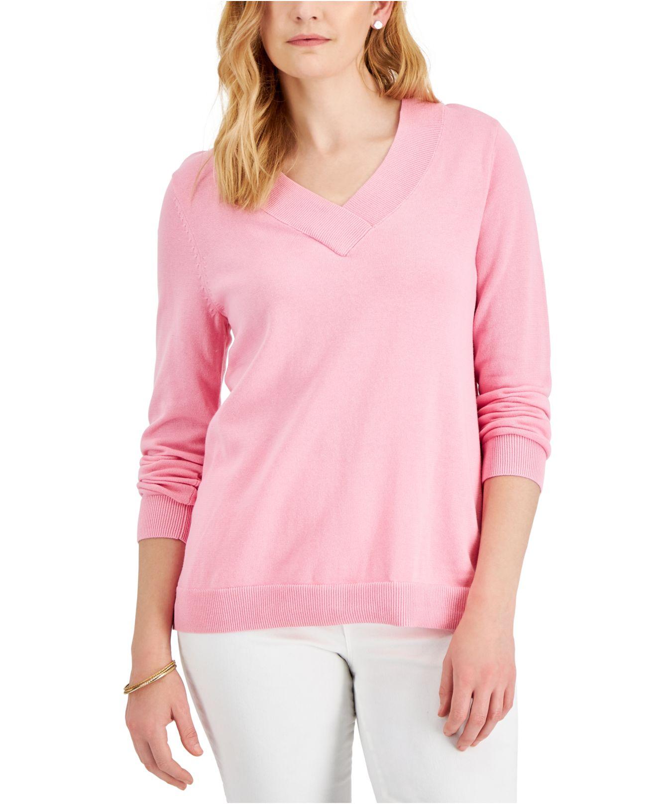 Karen Scott Cotton V-neck Sweater, Created For Macy's in Pink | Lyst
