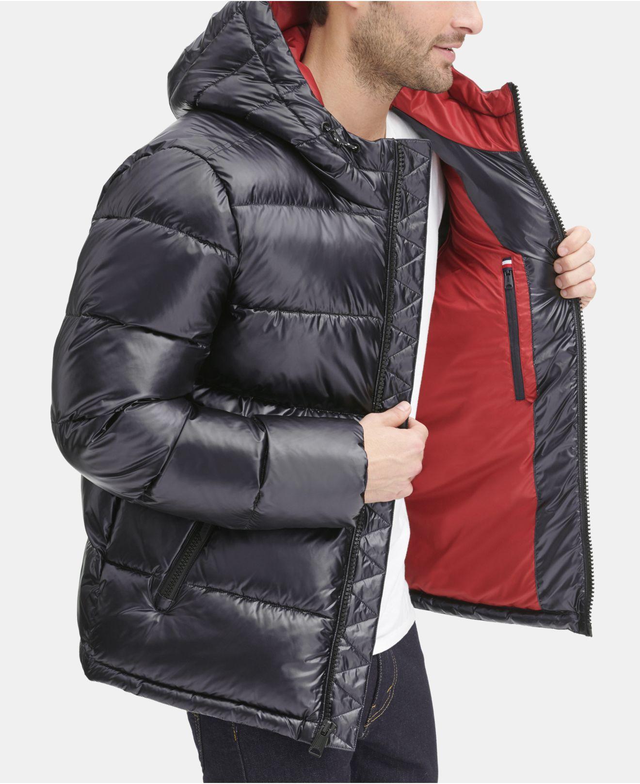 tommy hilfiger men's pearlized performance hooded puffer coat